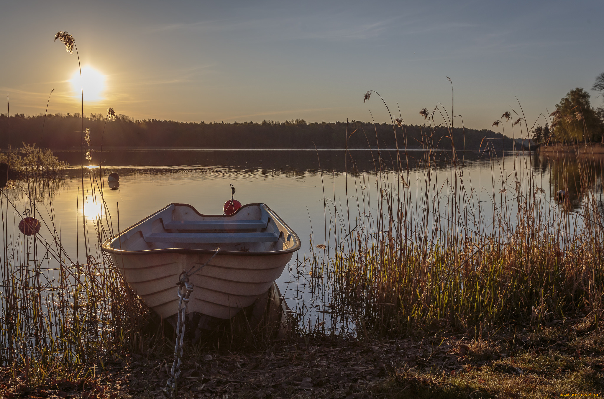 корабли, лодки, , шлюпки, заря, река