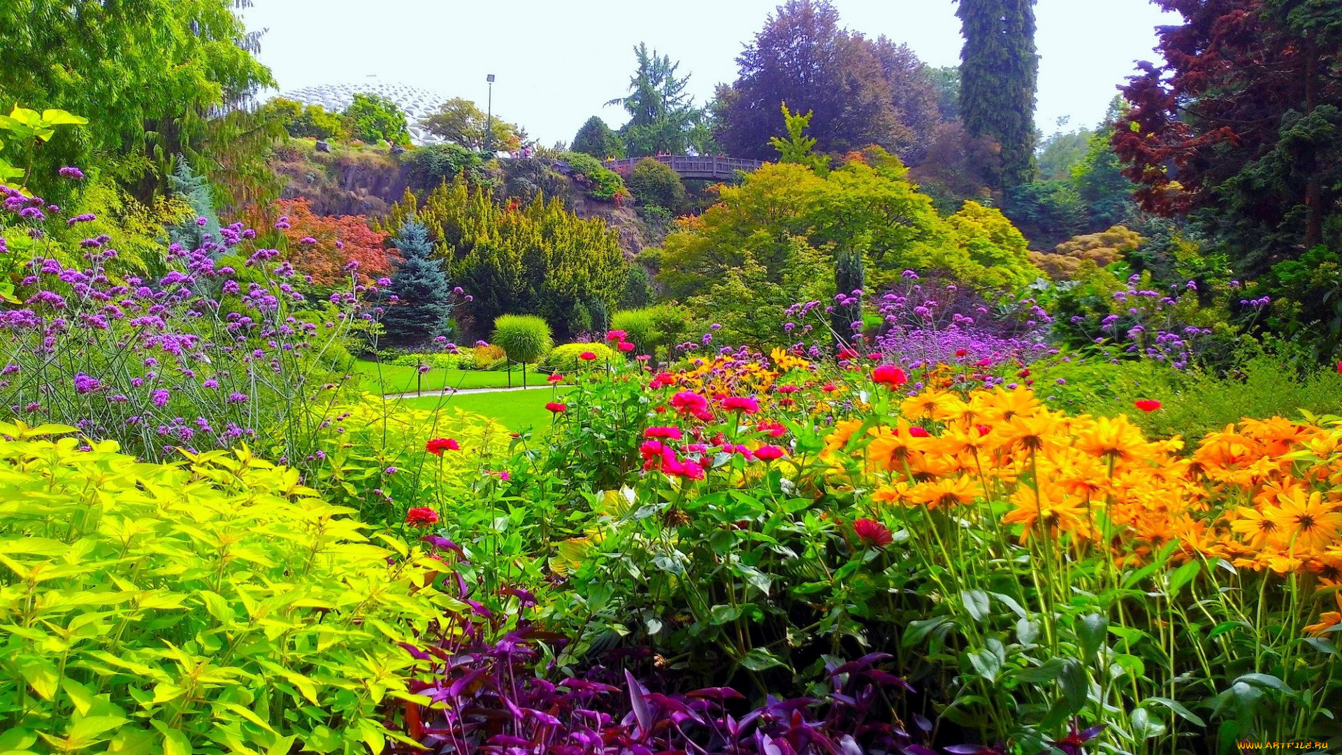 природа, парк, мостик, цветы, деревья