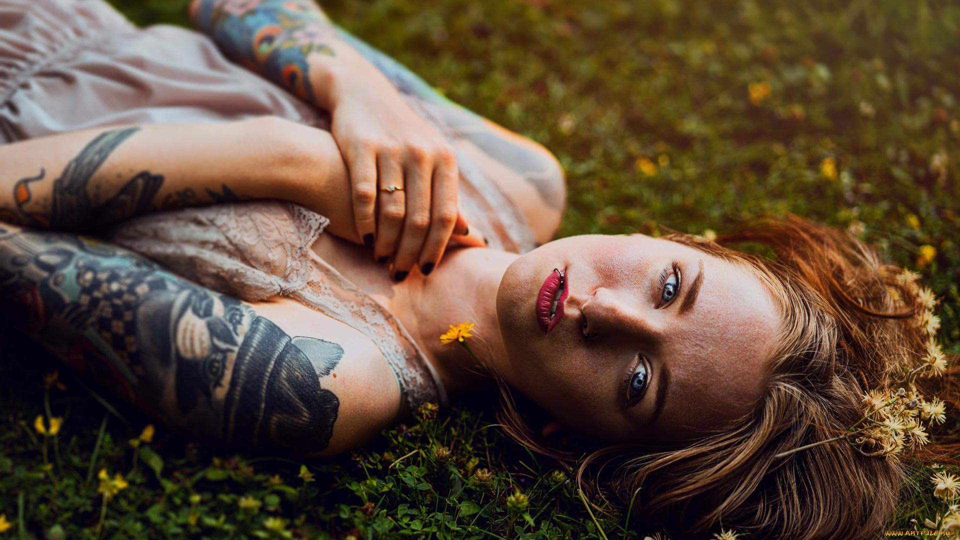 девушки, -unsort, , рыжеволосые, и, другие, рыжая, цветы, пирсинг, тату, поляна