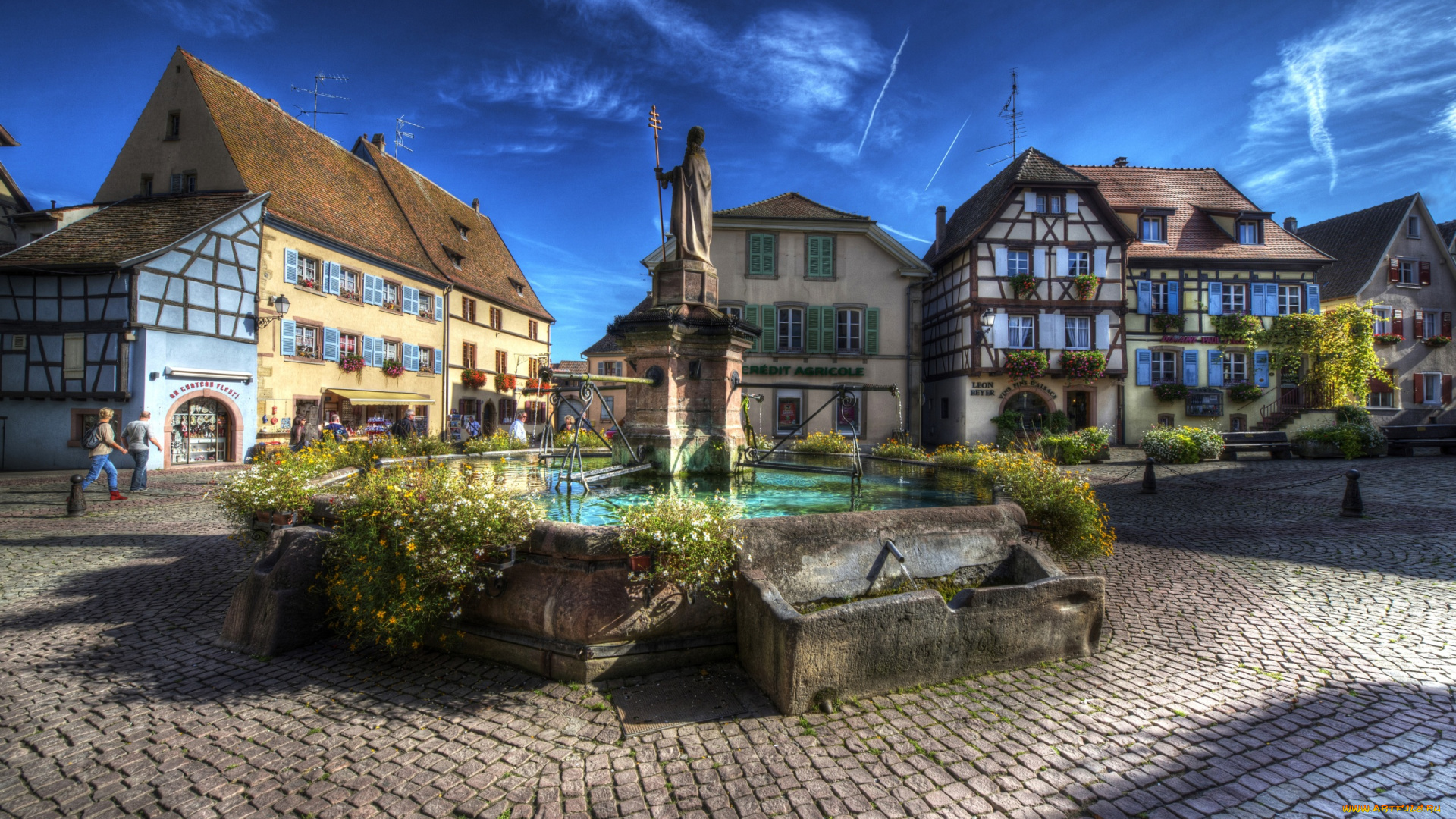 france, , eguisheim, , alsac, города, -, фонтаны, дома, франция, площадь, фонтан, облака, небо