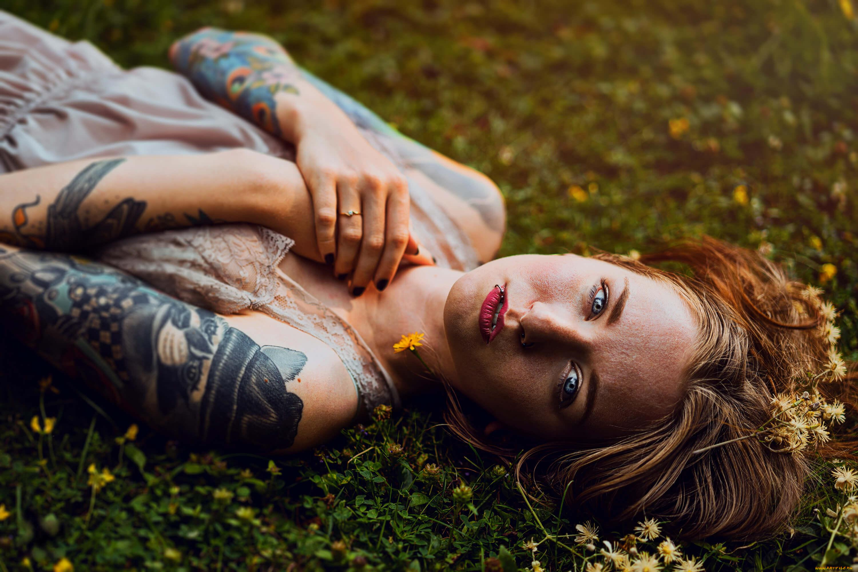 девушки, -unsort, , рыжеволосые, и, другие, рыжая, цветы, пирсинг, тату, поляна