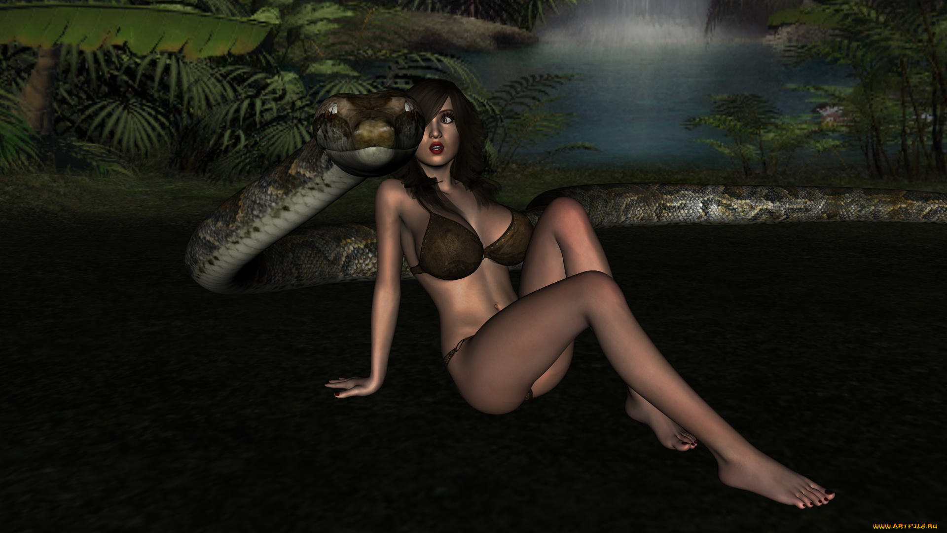 3д, графика, фантазия, , fantasy, змея, фон, взгляд, девушка