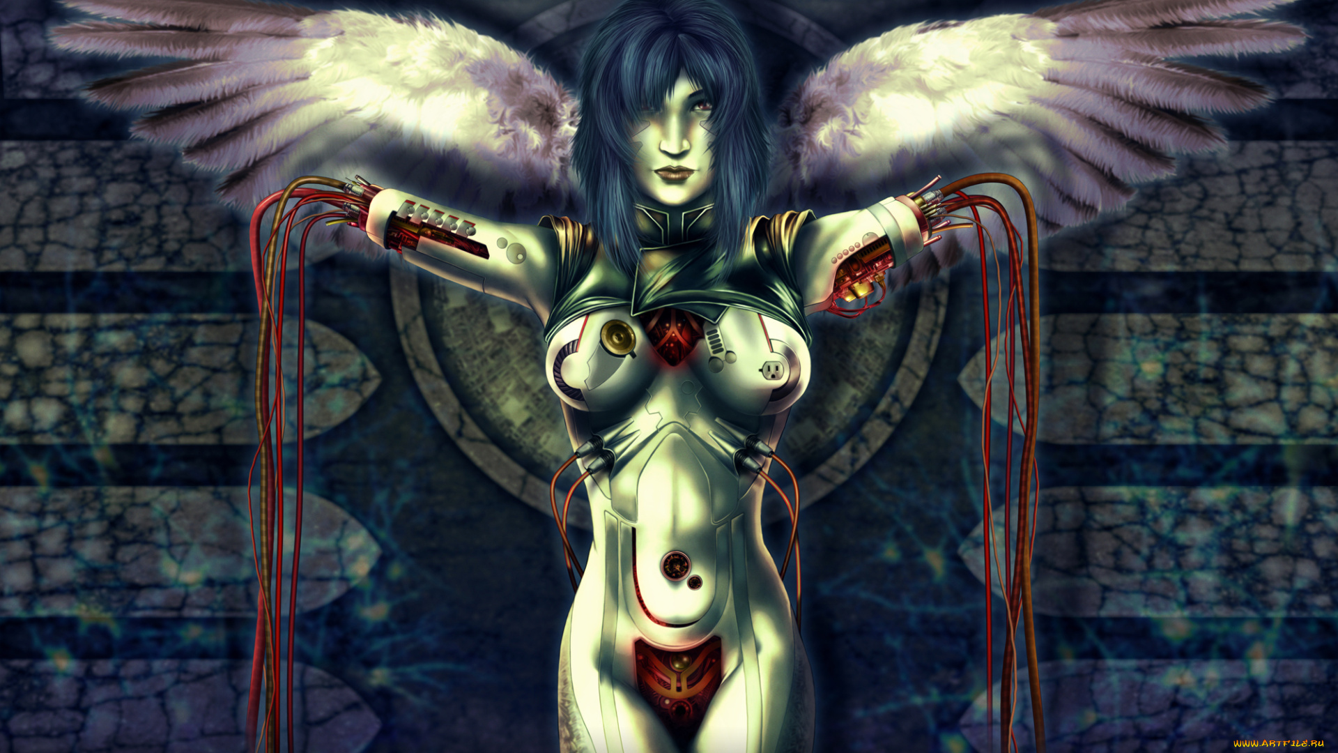 фэнтези, роботы, , киборги, , механизмы, девушка, фон, крылья