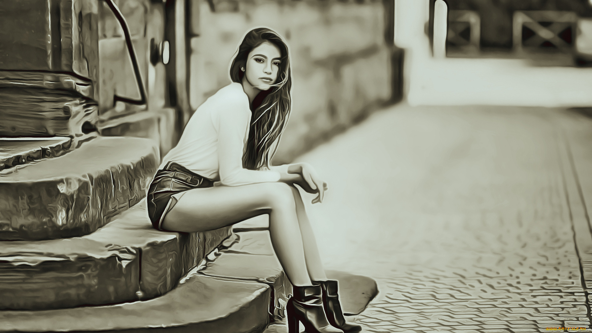 календари, компьютерный, дизайн, камень, плитка, ступени, девушка, сапоги