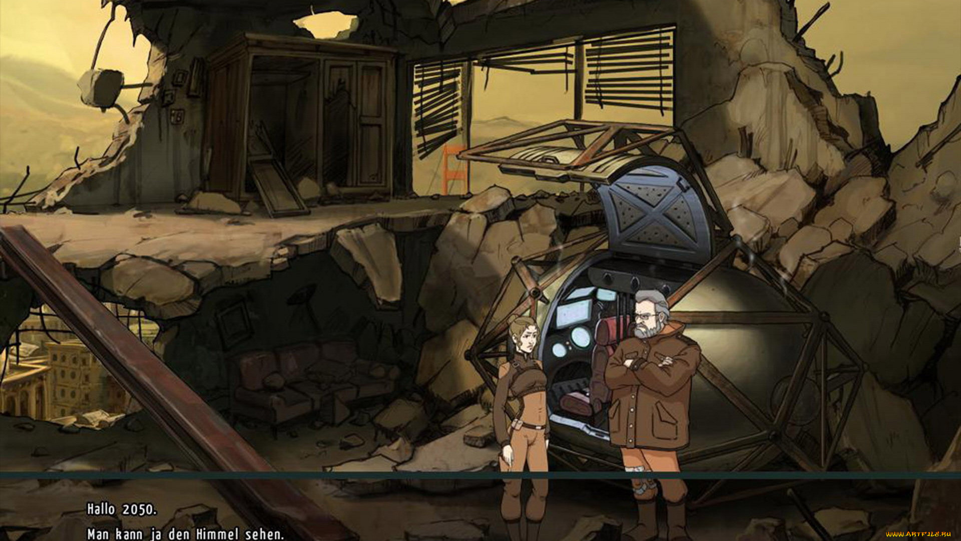 видео, игры, a, new, beginning, девушка, капсула, мужчина, разговор, развалины