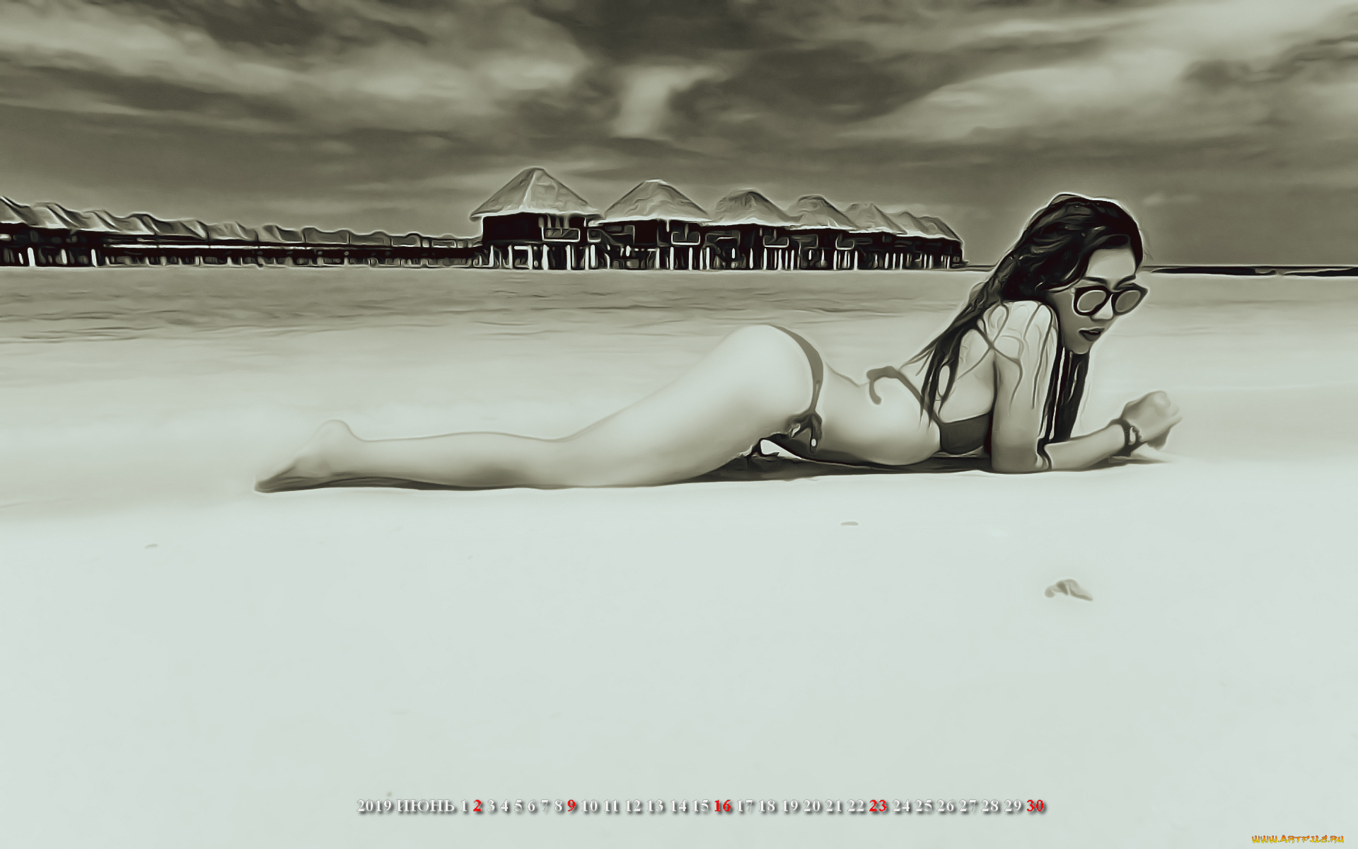 календари, компьютерный, дизайн, азиатка, бунгало, водоем, очки, девушка, солома