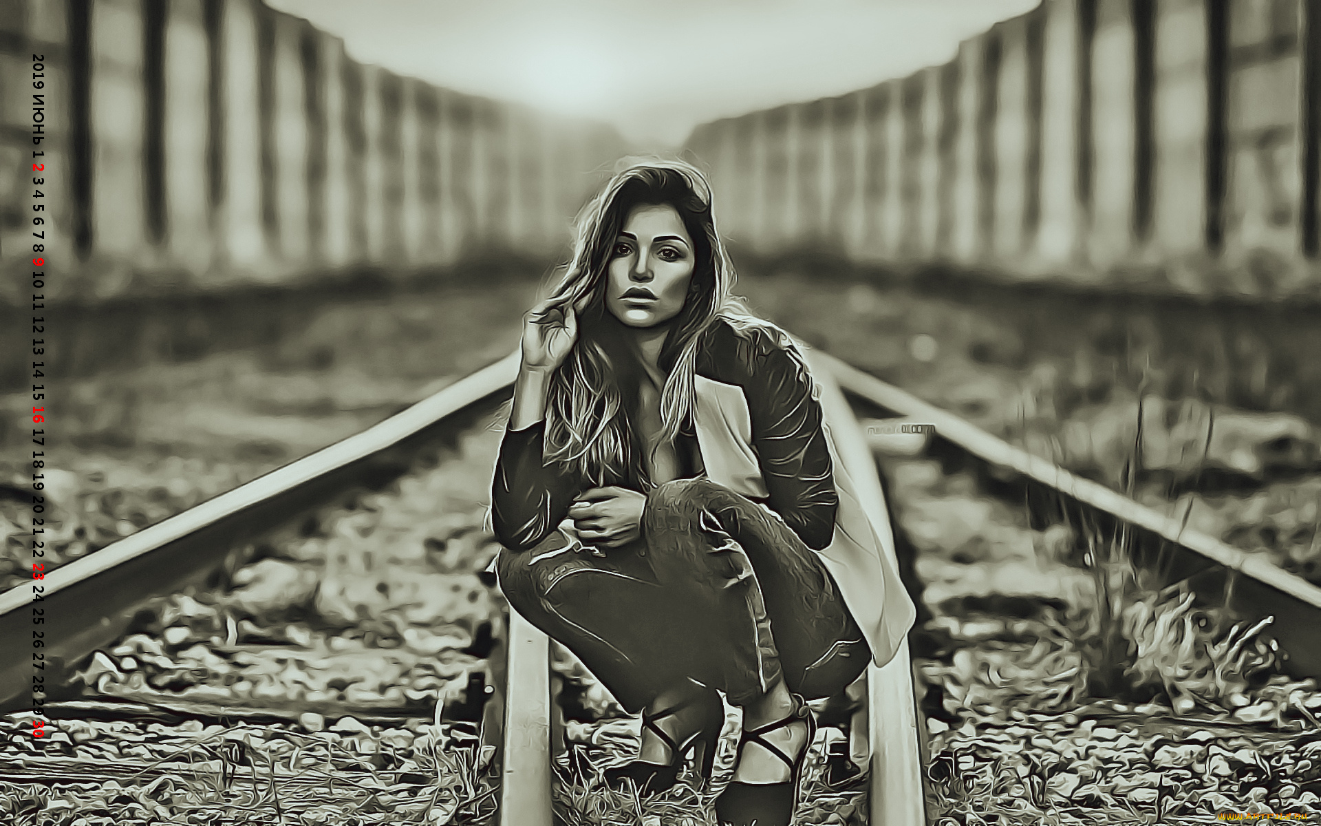 календари, компьютерный, дизайн, девушка, рельсы, взгляд