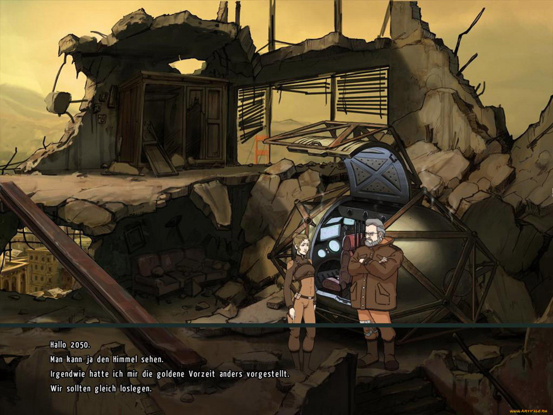 видео, игры, a, new, beginning, девушка, капсула, мужчина, разговор, развалины