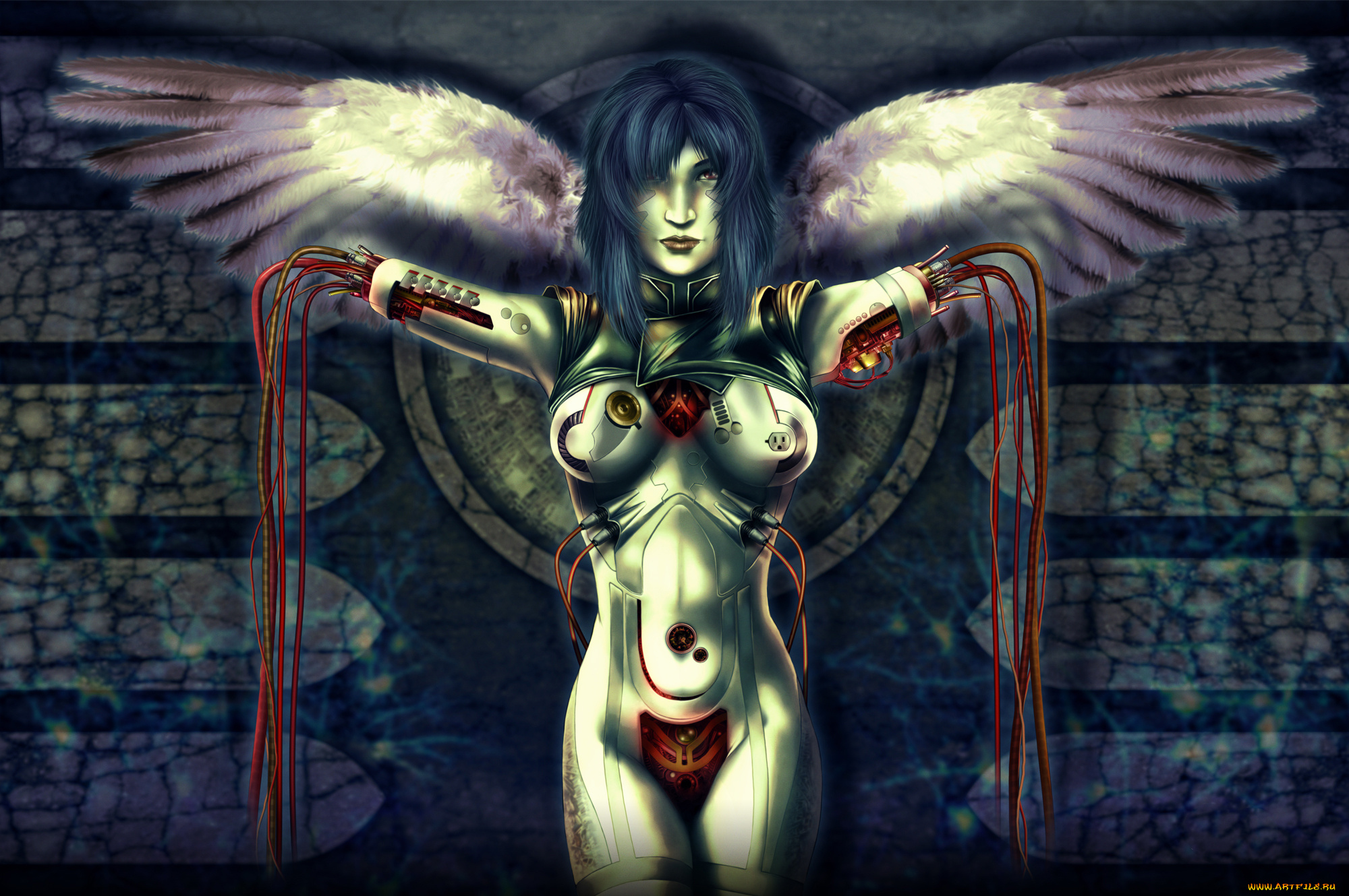 фэнтези, роботы, , киборги, , механизмы, девушка, фон, крылья