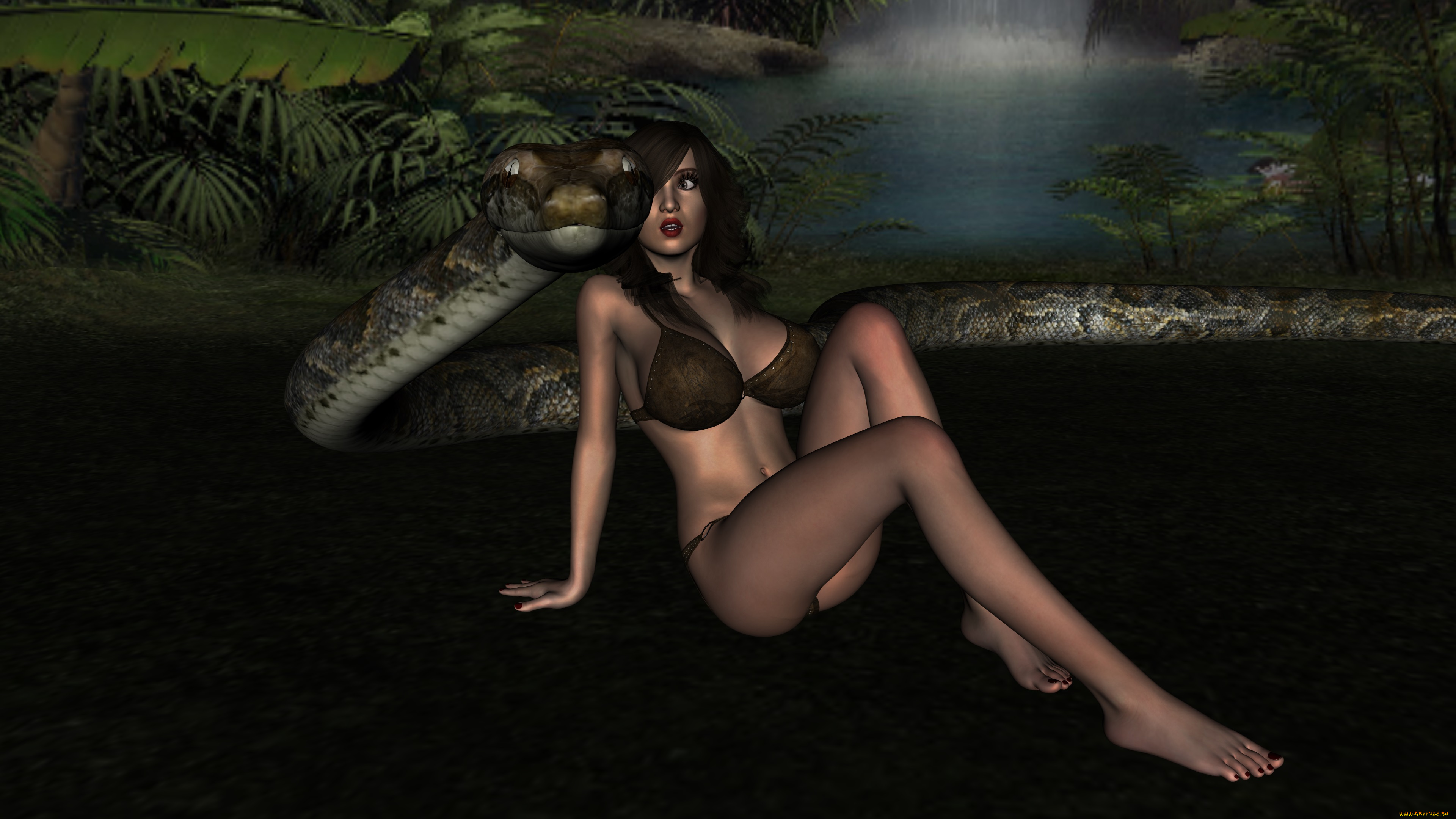 3д, графика, фантазия, , fantasy, змея, фон, взгляд, девушка