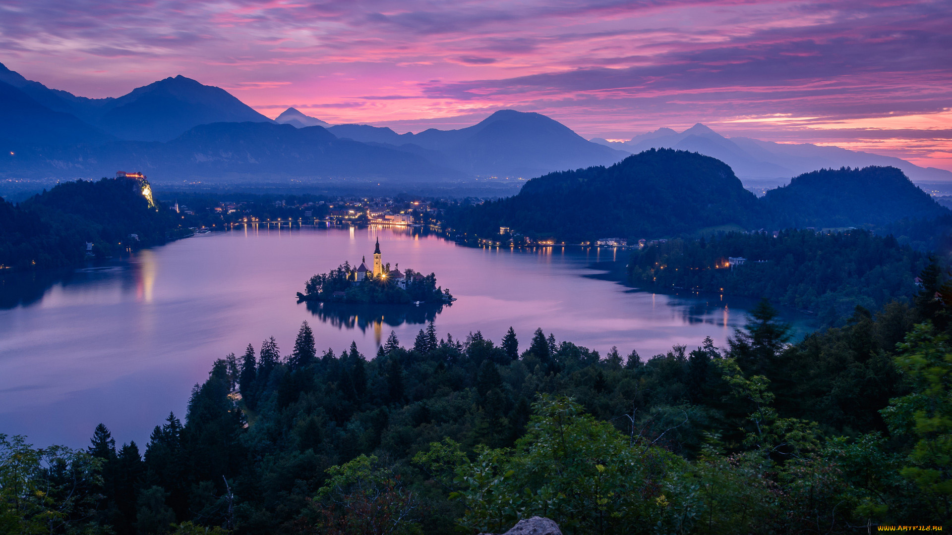 города, блед, , словения, озеро, закат