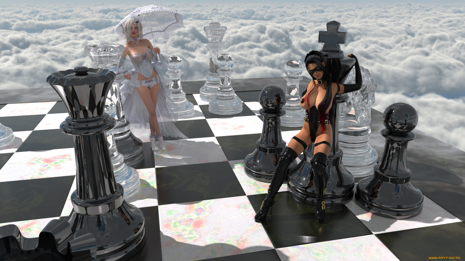 3д, графика, фантазия, , fantasy, девушки, фон, шахматы, облака