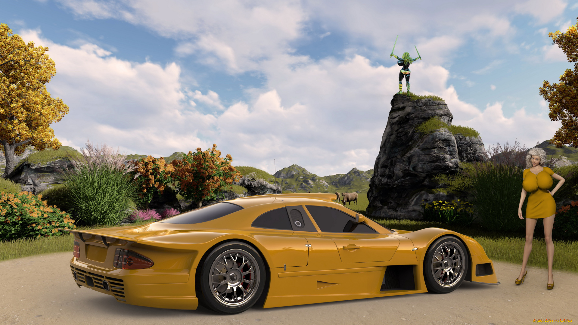 3д, графика, люди-авто, мото, , people-, car, , , moto, девушка, фон, автомобиль