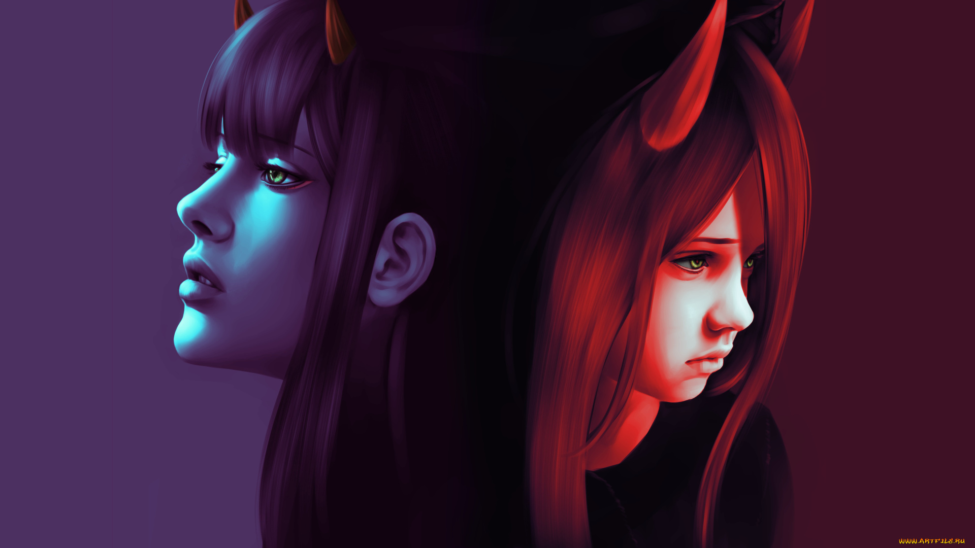 фэнтези, демоны, девушка, фон, рога