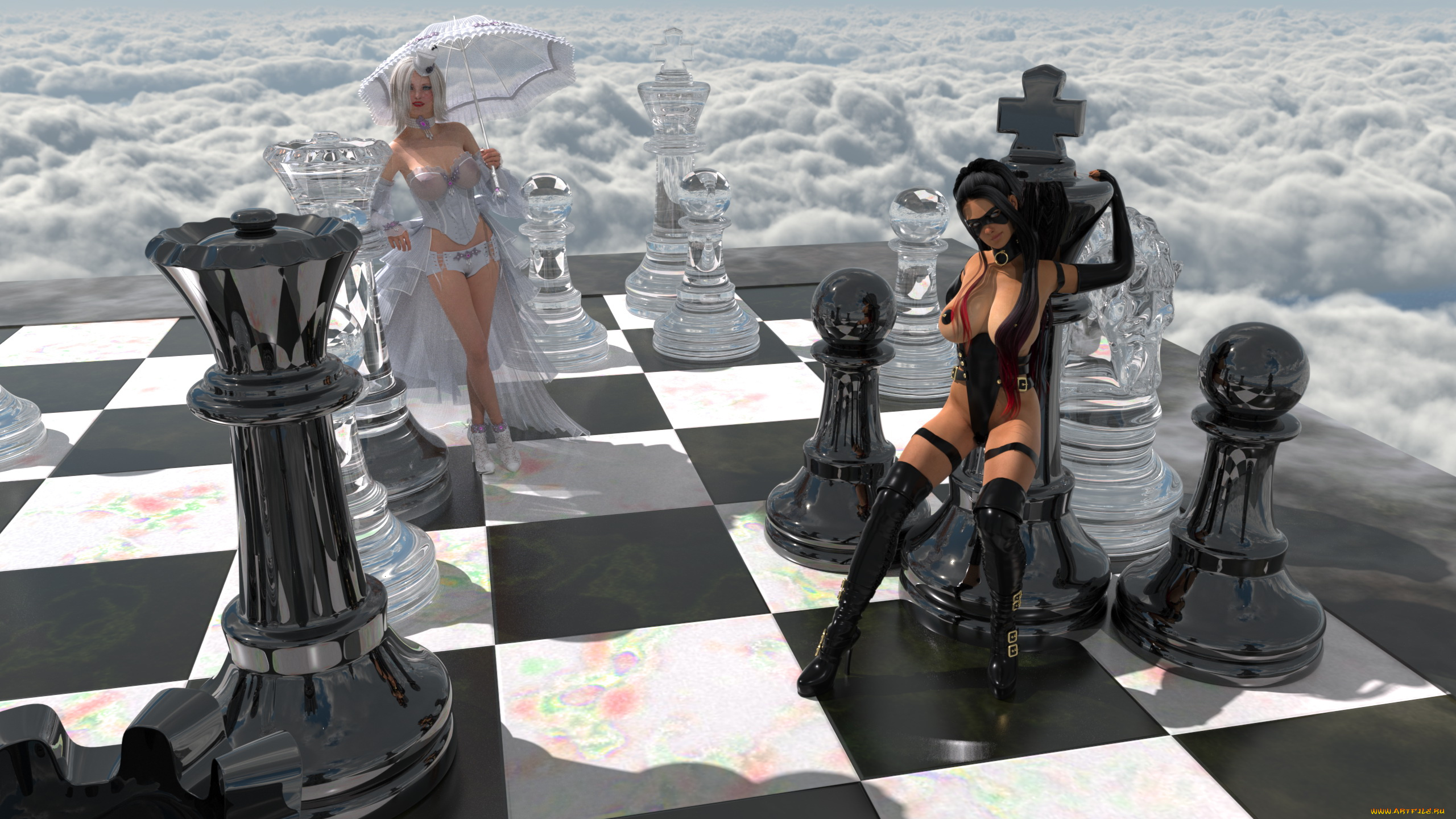 3д, графика, фантазия, , fantasy, девушки, фон, шахматы, облака