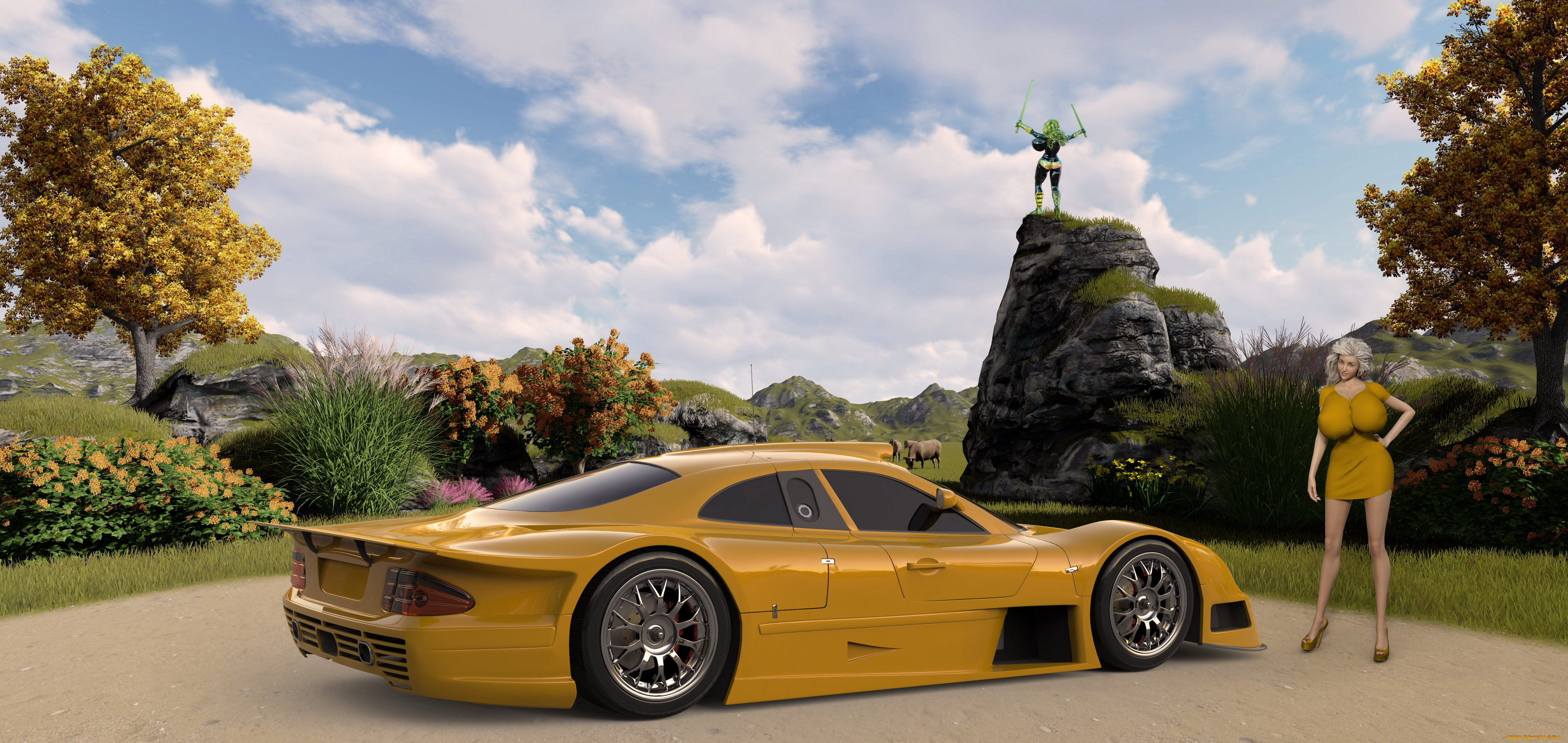 3д, графика, люди-авто, мото, , people-, car, , , moto, девушка, фон, автомобиль