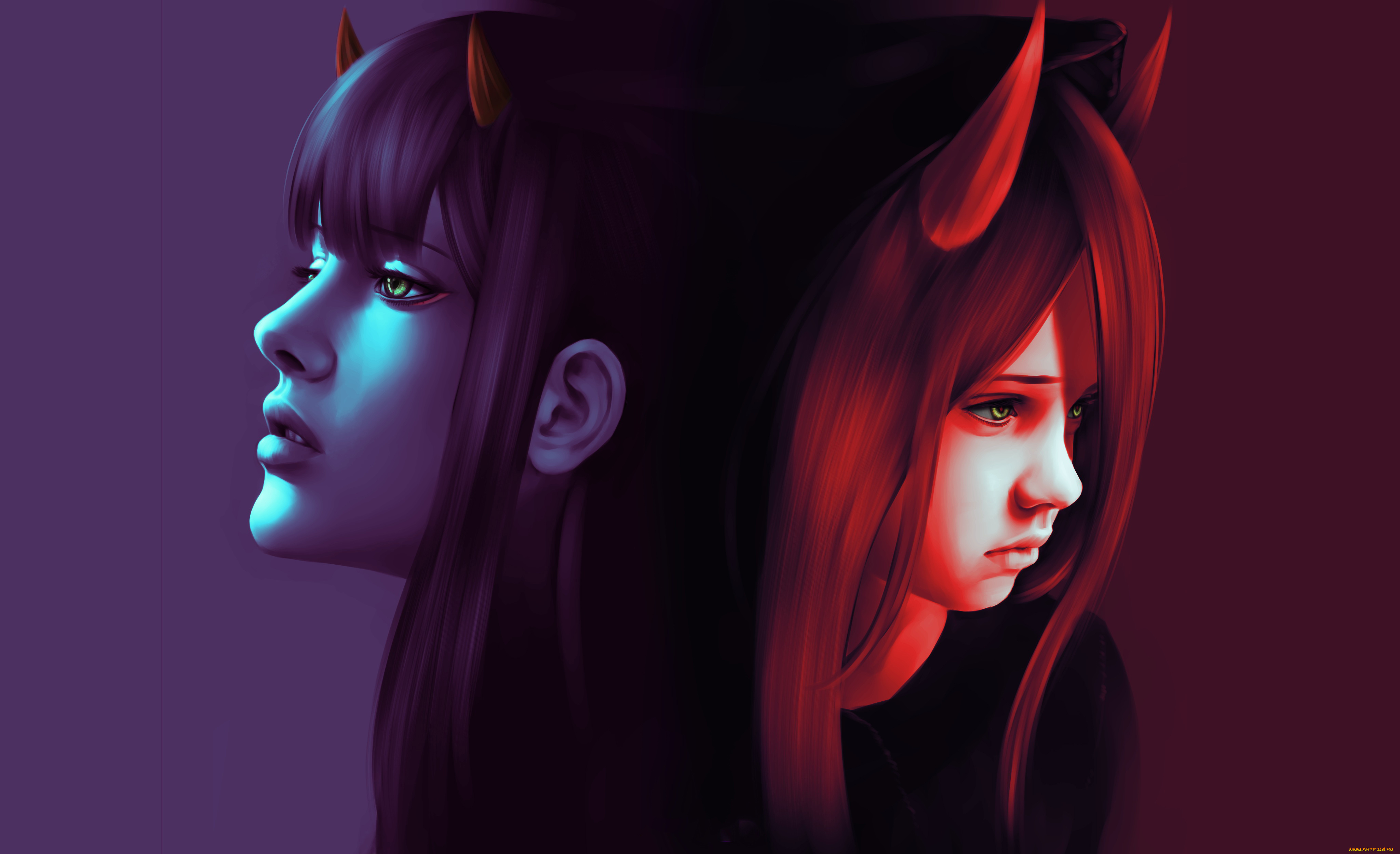 фэнтези, демоны, девушка, фон, рога