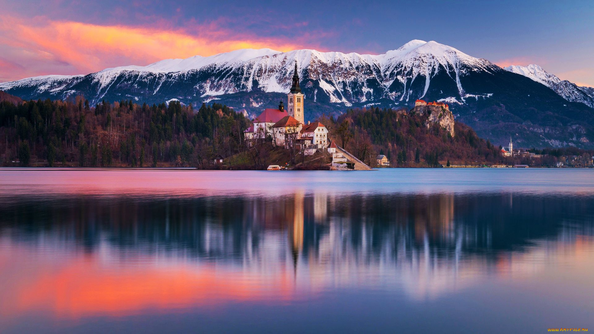 города, блед, , словения, горы, озеро, закат