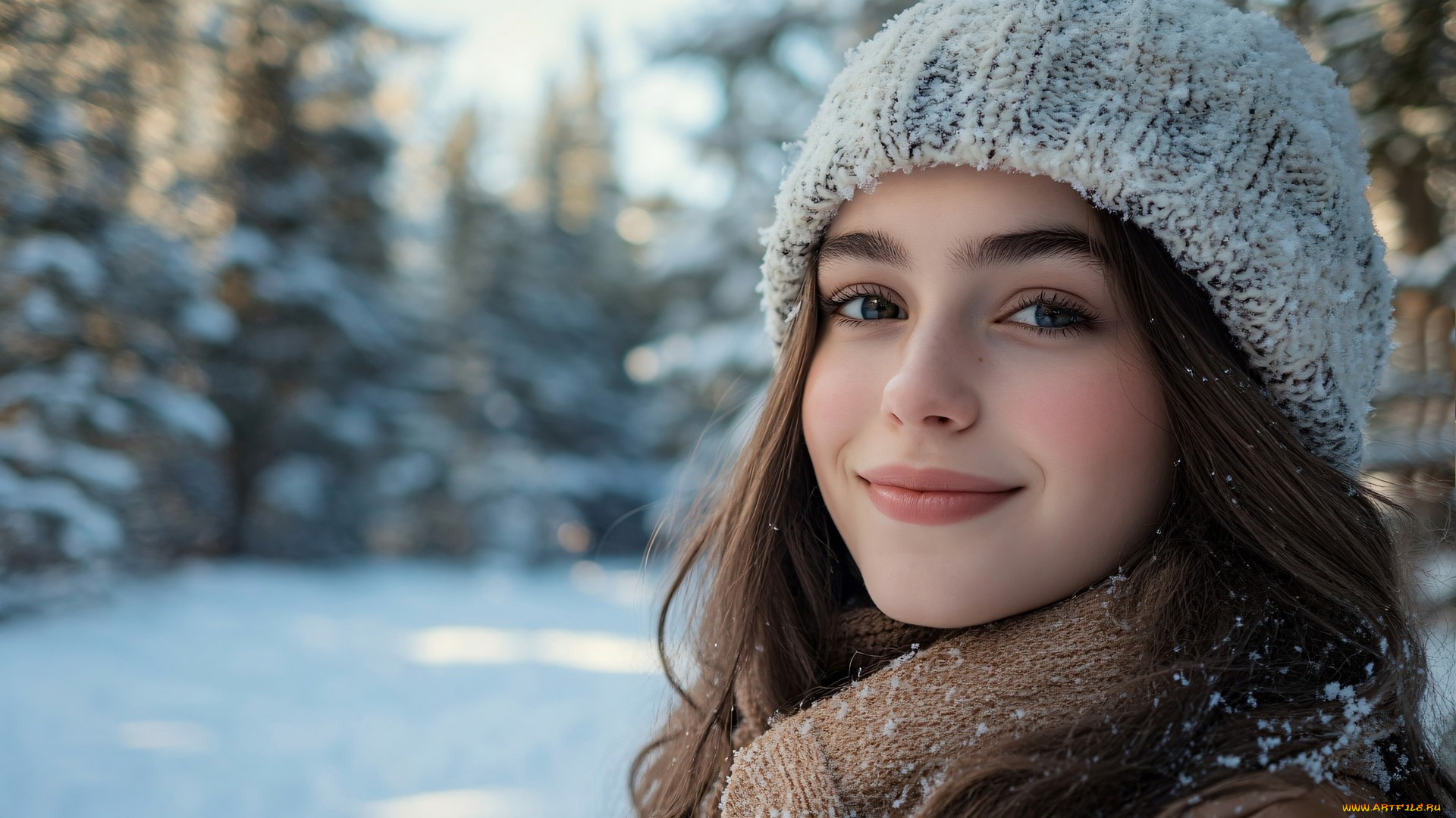 3д, графика, портреты, и, лица, , portraits, and, faсes, шатенка, шапочка, зима, улыбка