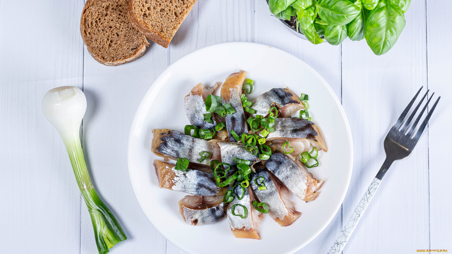 еда, рыбные, блюда, , с, морепродуктами, хлеб, базилик, селедка, лук