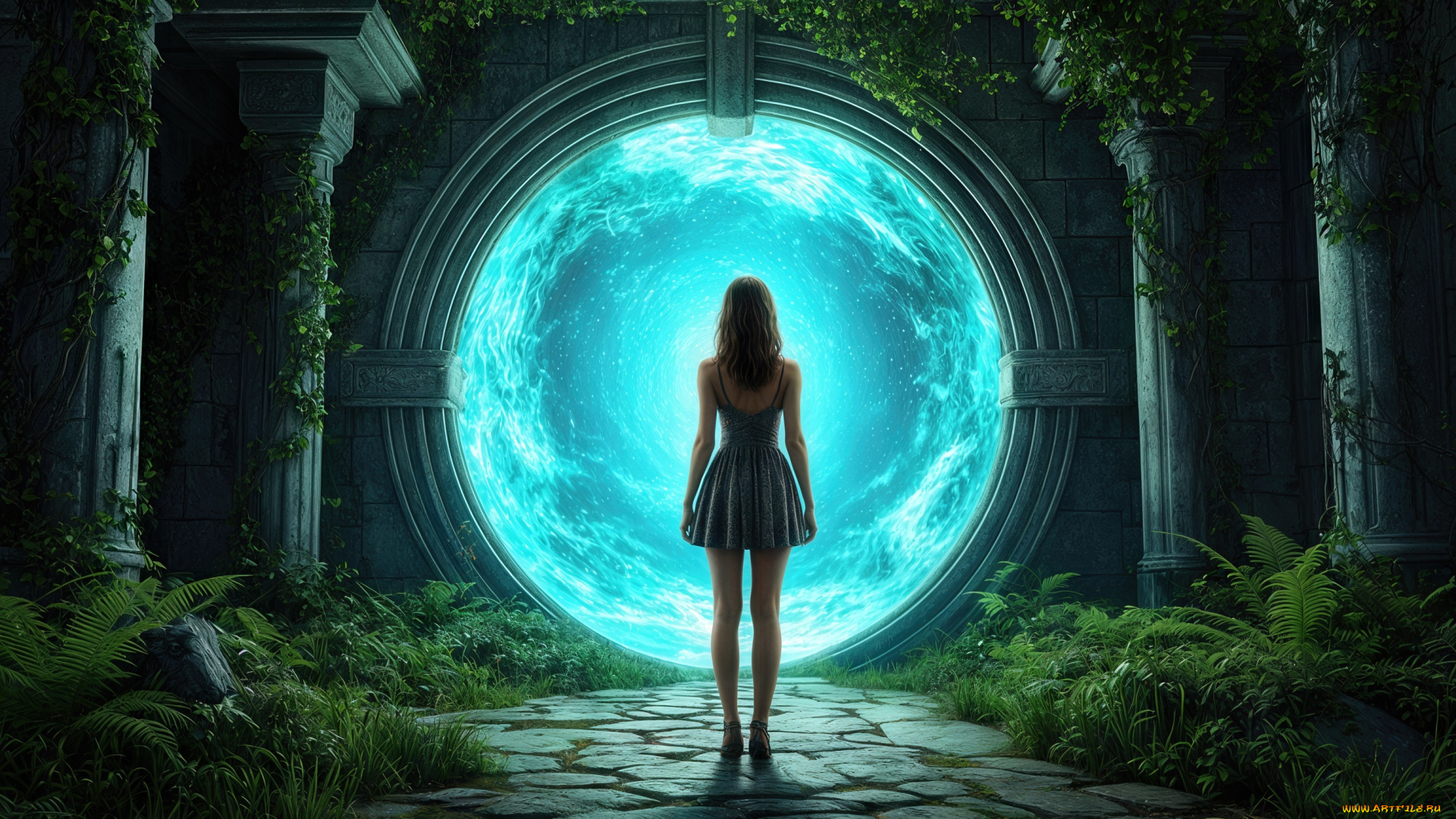 фэнтези, иные, миры, , иные, времена, колонны, заросли, портал, девушка, нейросеть