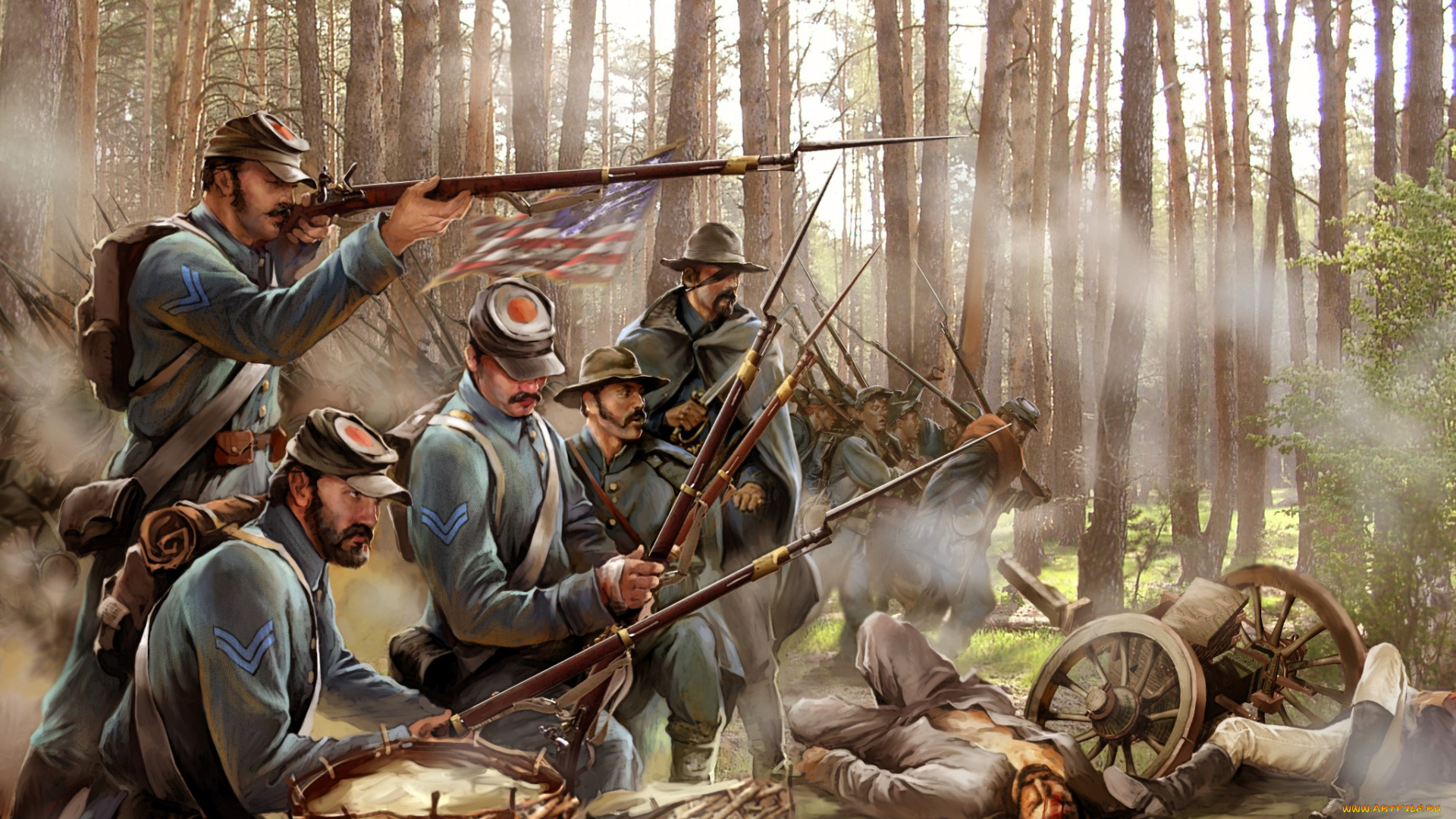 видео, игры, american, conquest, , divided, nation, солдаты, война, армия, флаг, дым, оружие, лес, атака