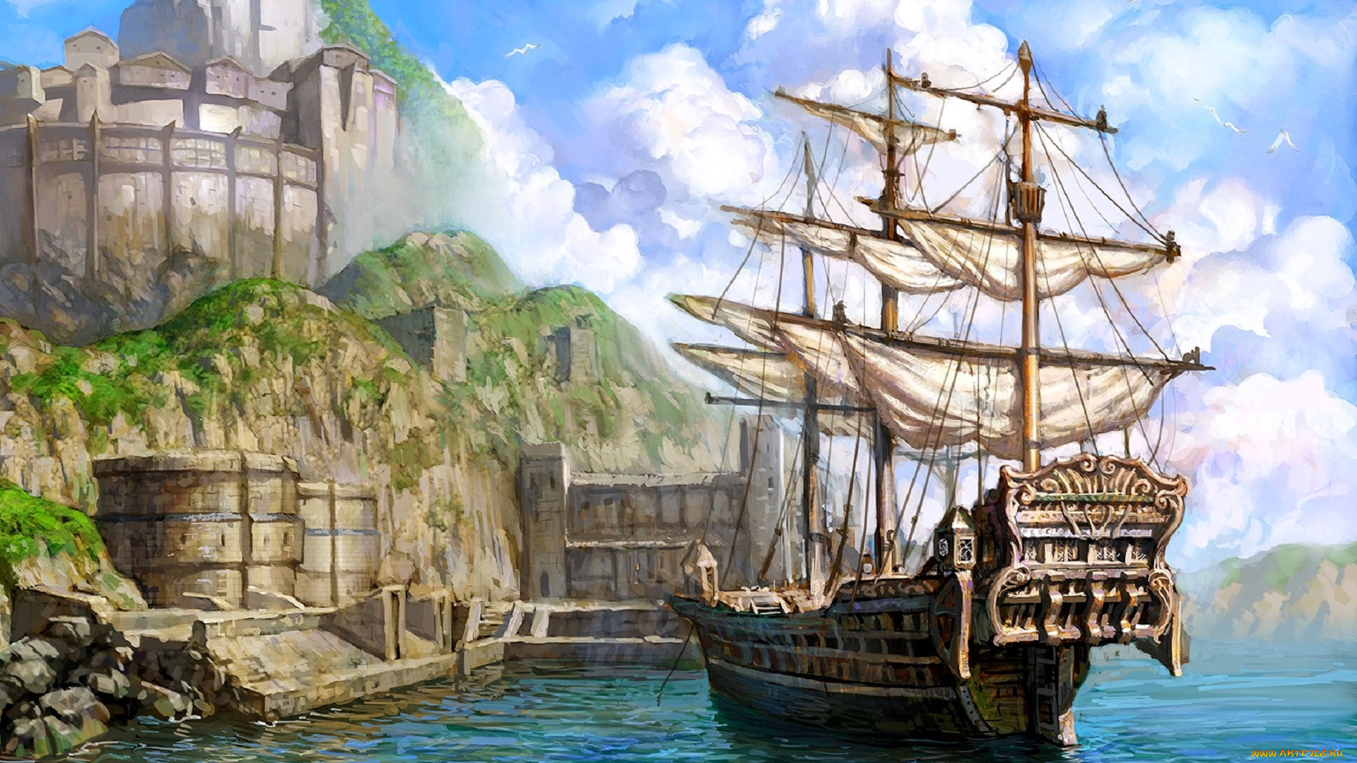 видео, игры, lineage, ii, , the, chaotic, chronicle, корабль, парусник, море, крепость