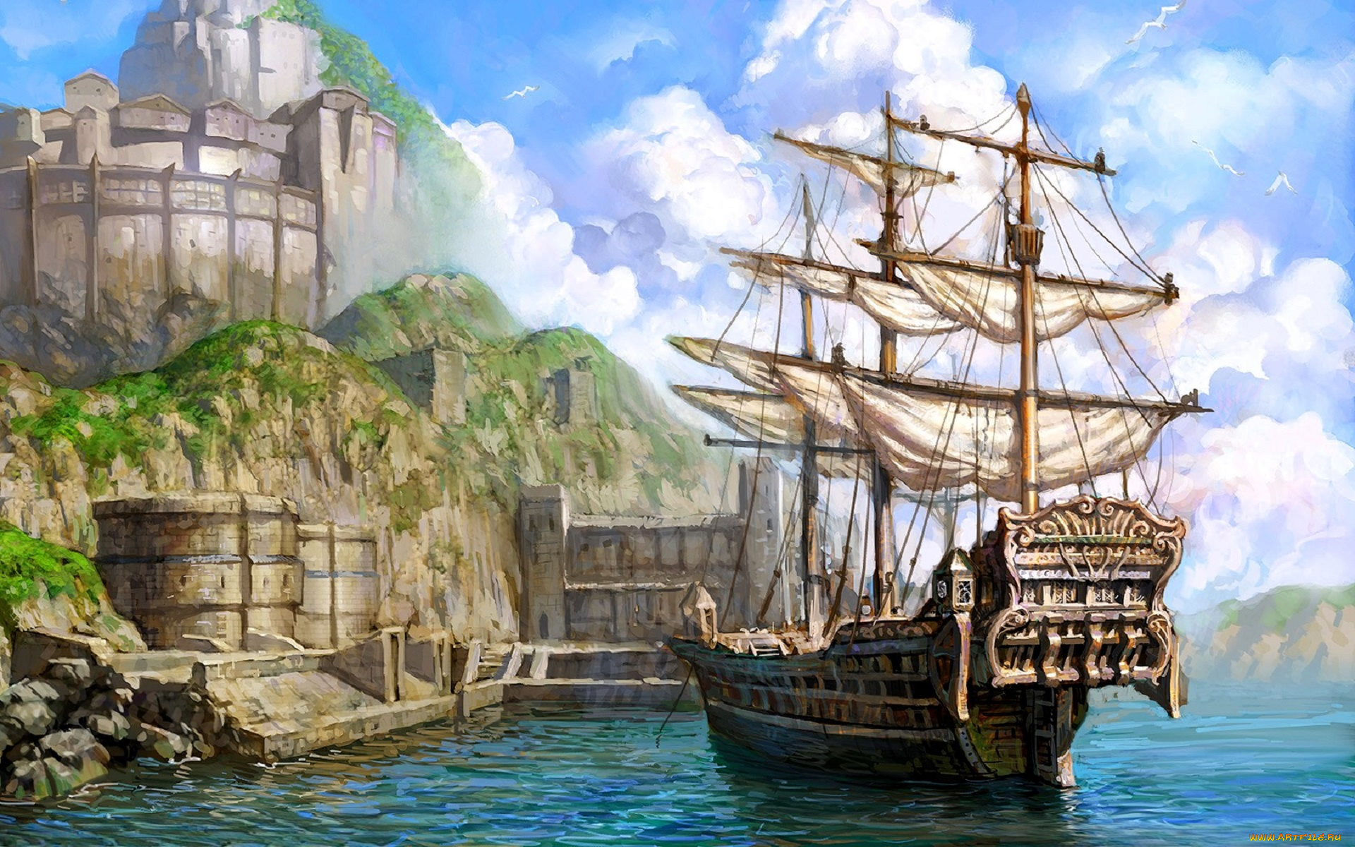видео, игры, lineage, ii, , the, chaotic, chronicle, корабль, парусник, море, крепость