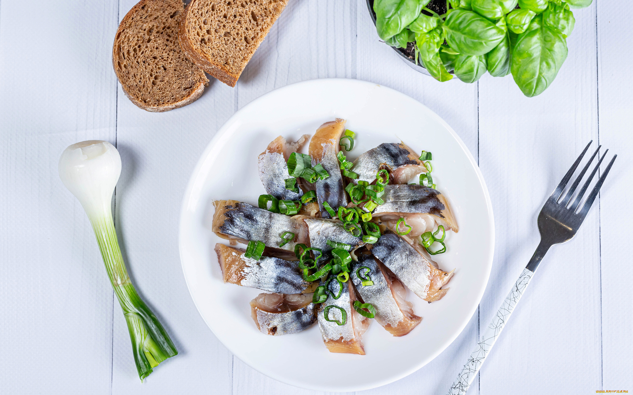 еда, рыбные, блюда, , с, морепродуктами, хлеб, базилик, селедка, лук