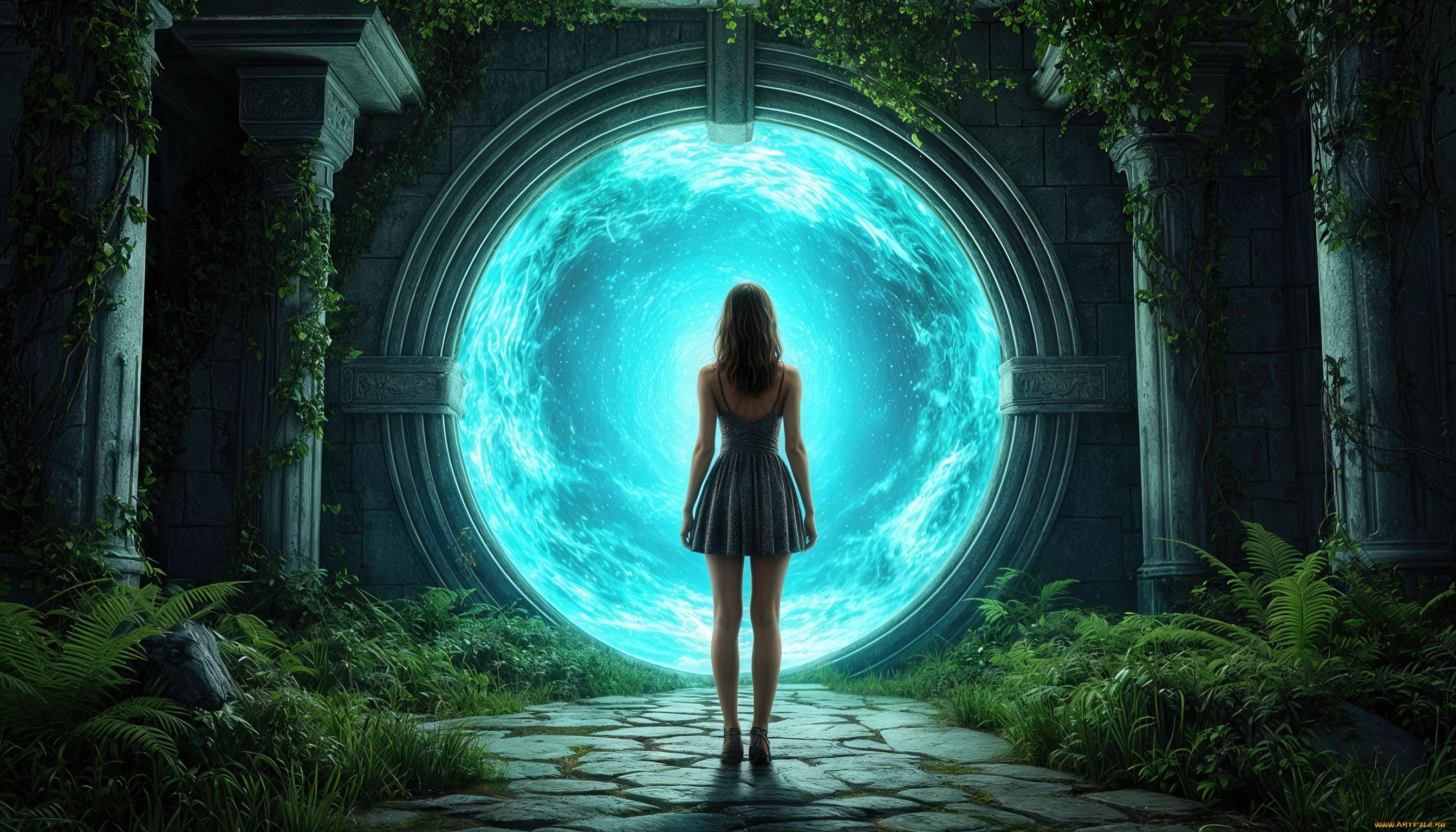 фэнтези, иные, миры, , иные, времена, колонны, заросли, портал, девушка, нейросеть