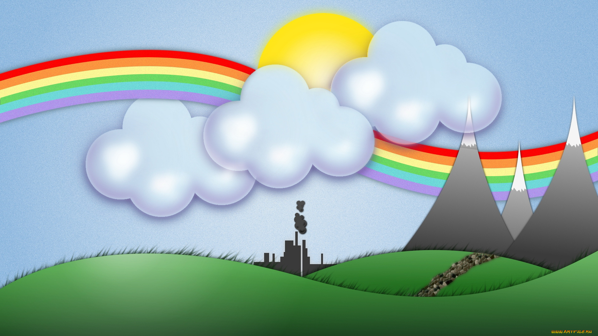 векторная, графика, горы, облака, радуга