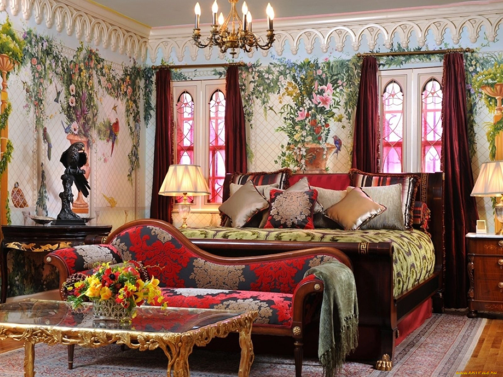 интерьер, спальня, кровать, подушки, софа, букет