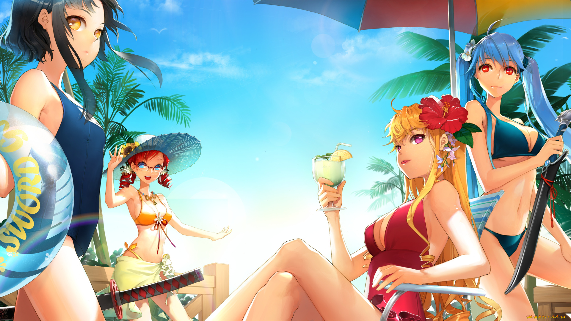 аниме, sword, girls, девушки, пляж, бикини, коктейль, зонт