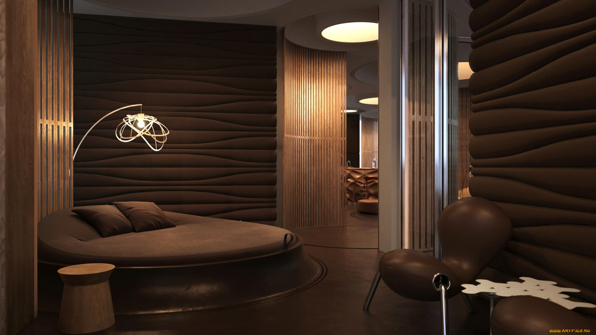 интерьер, спальня, кровать, кресло, лампа