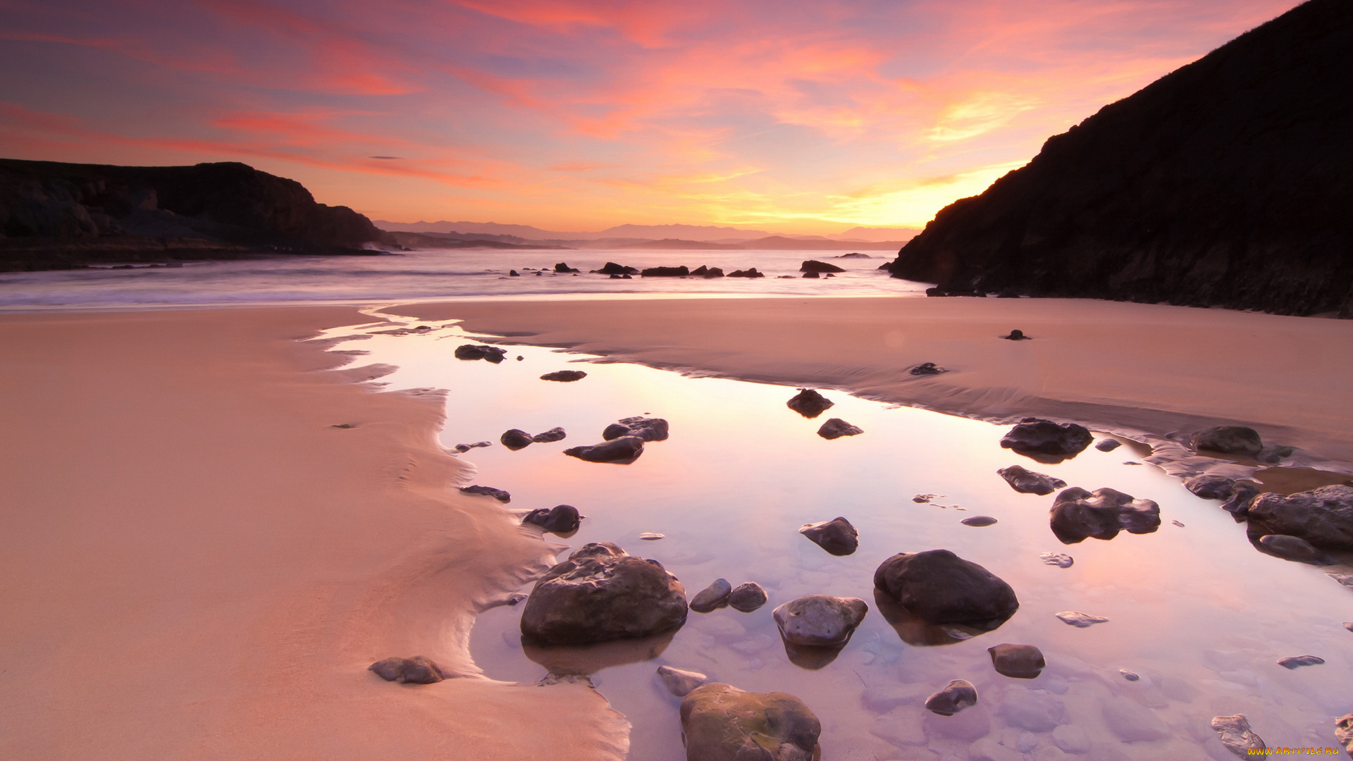 природа, побережье, облака, песок, камни, отлив