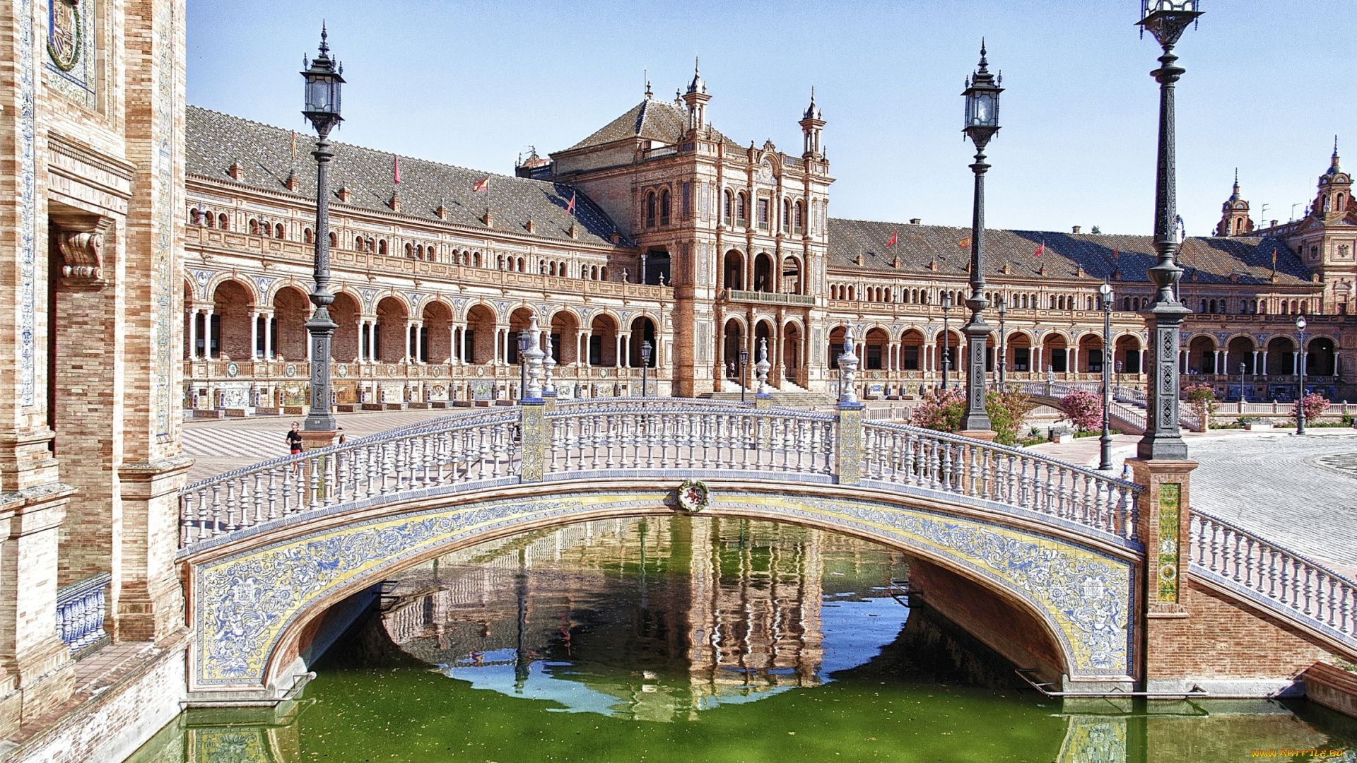 севилья, испания, города, архитектура, мостик, пруд, площадь