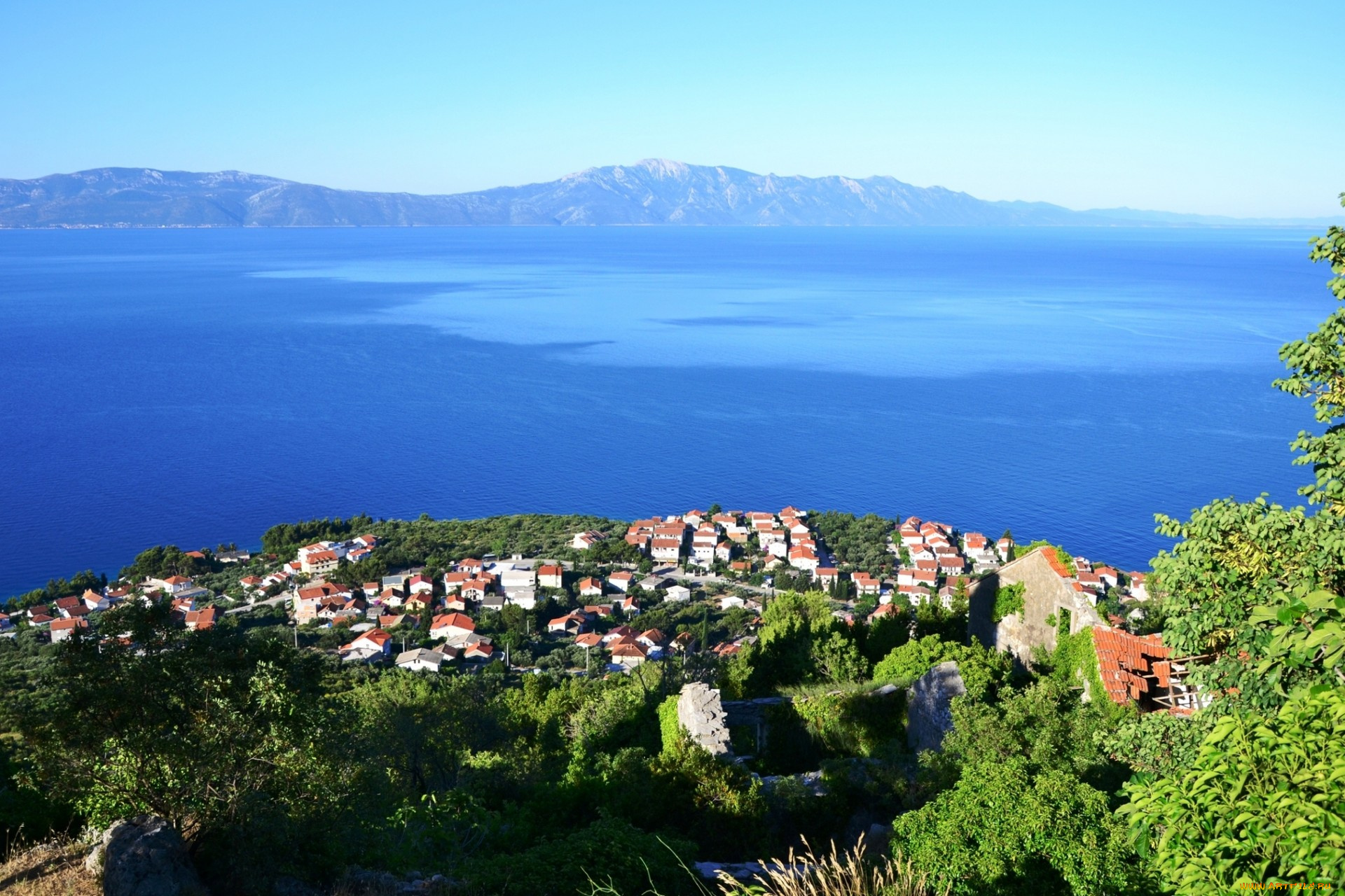 природа, побережье, город, горы, море