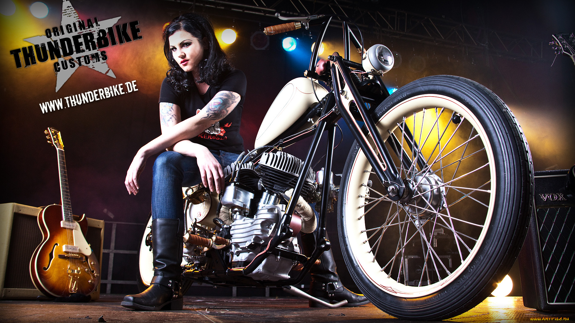 мотоциклы, мото, девушкой, гитара, сапоги