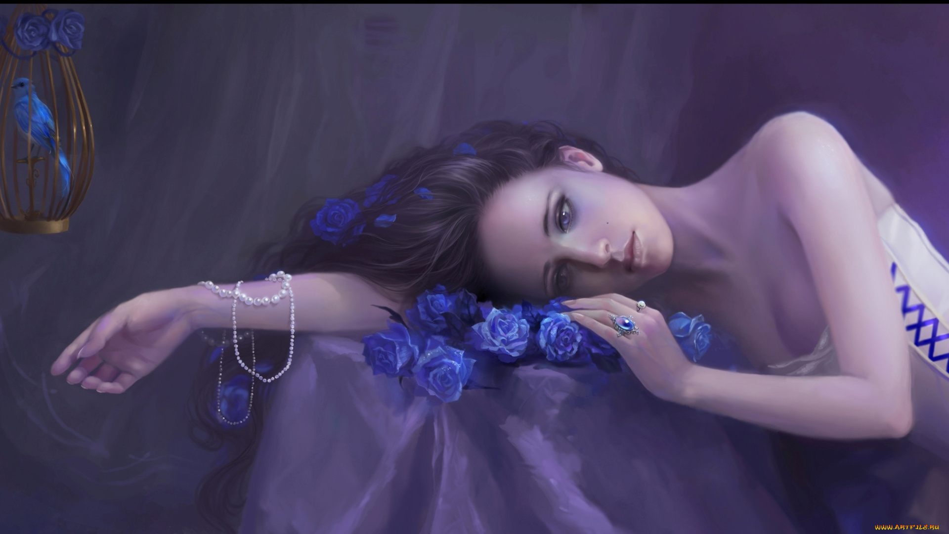 рисованные, люди, девушка, цветы, розы, клетка, птица, ожерелье, жемчуг