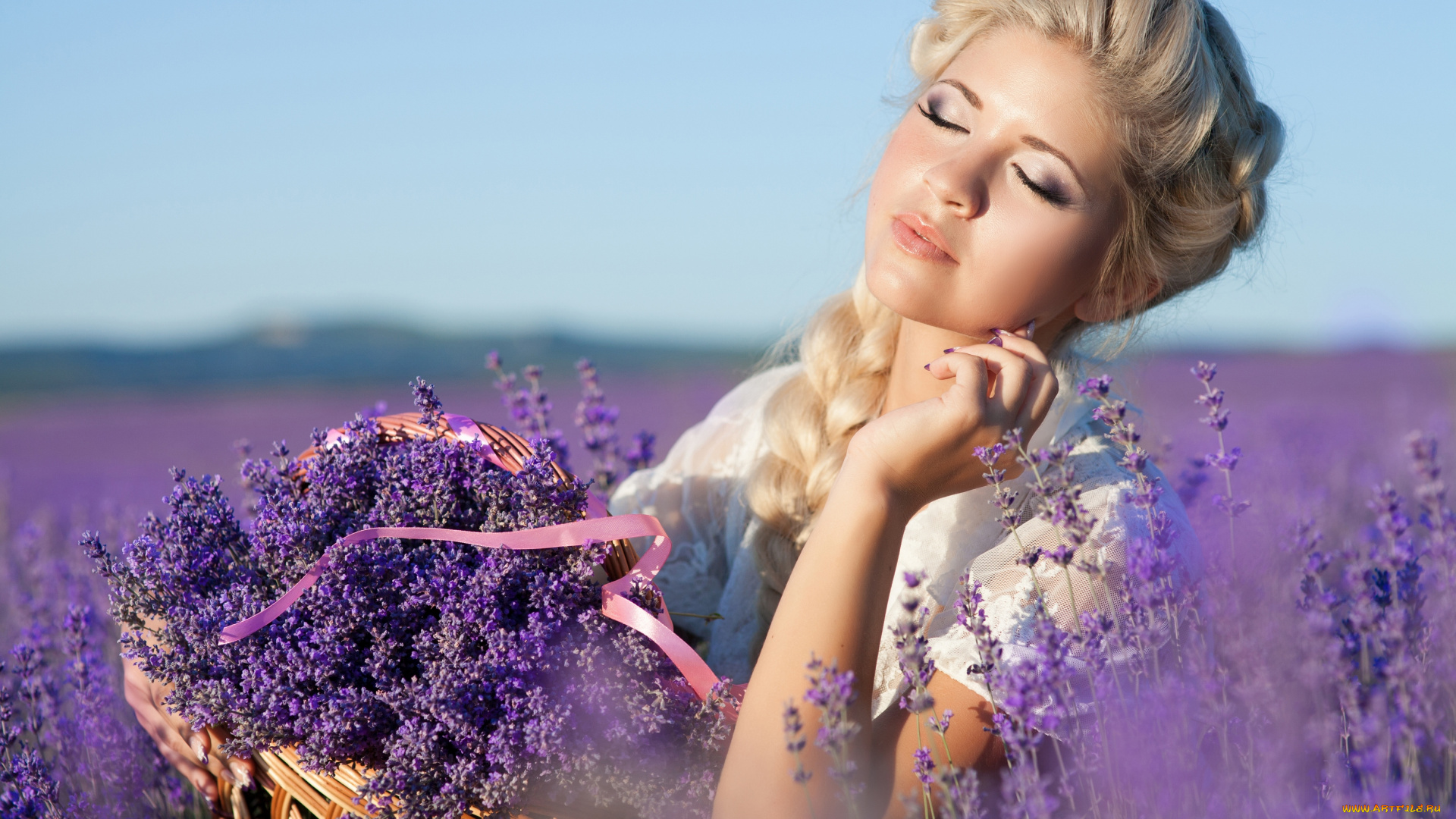 девушки, -unsort, , блондинки, лаванда, настроение, коса, корзина, поле