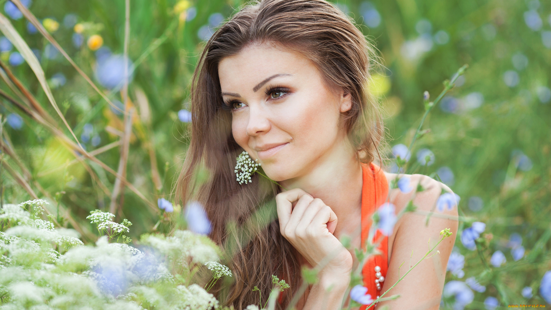 девушки, -unsort, , лица, , портреты, девушка, шатенка, макияж, цветы