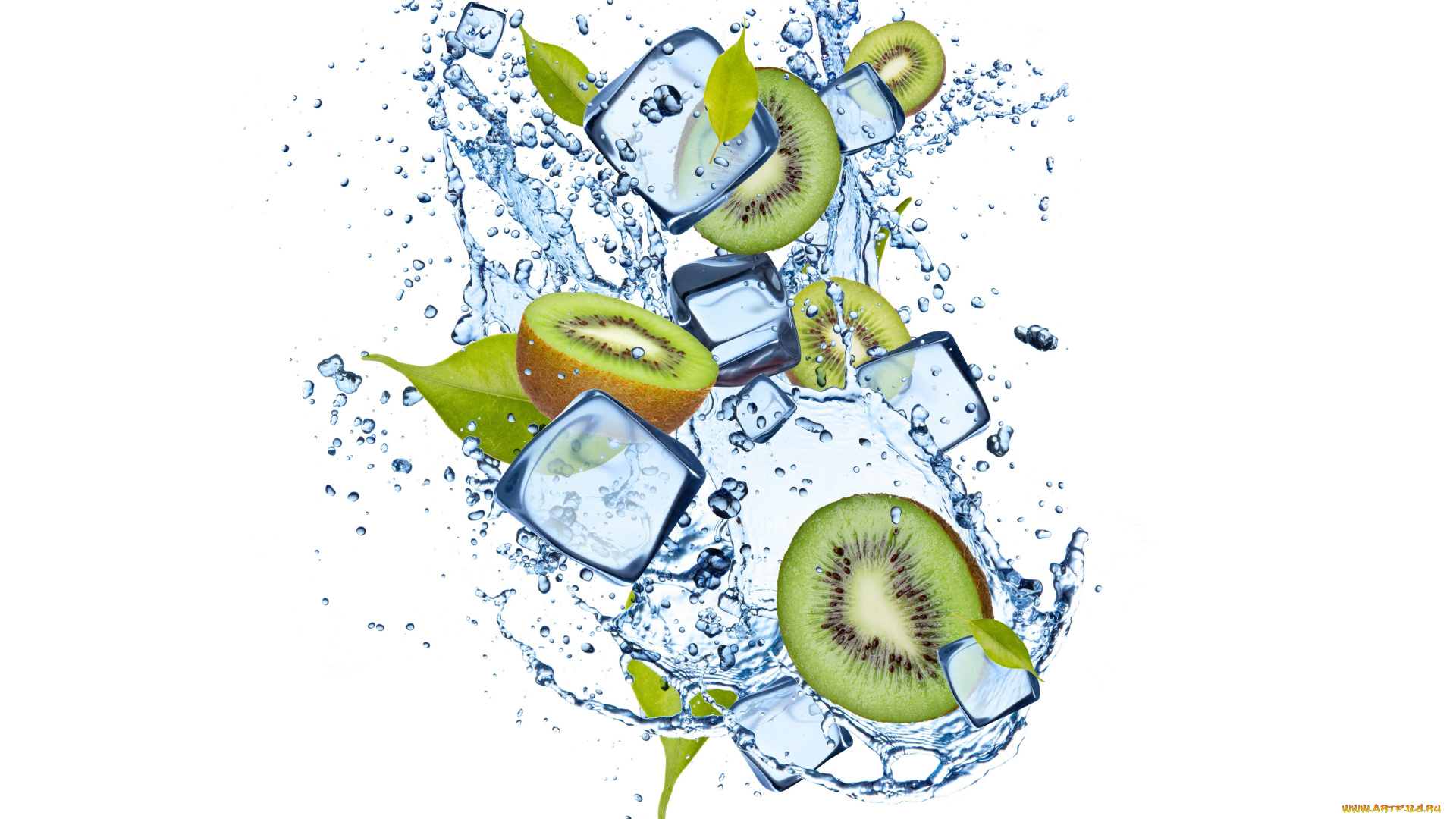 еда, киви, вода, лед, листочки, water, ice, kiwi, fruit, leaves