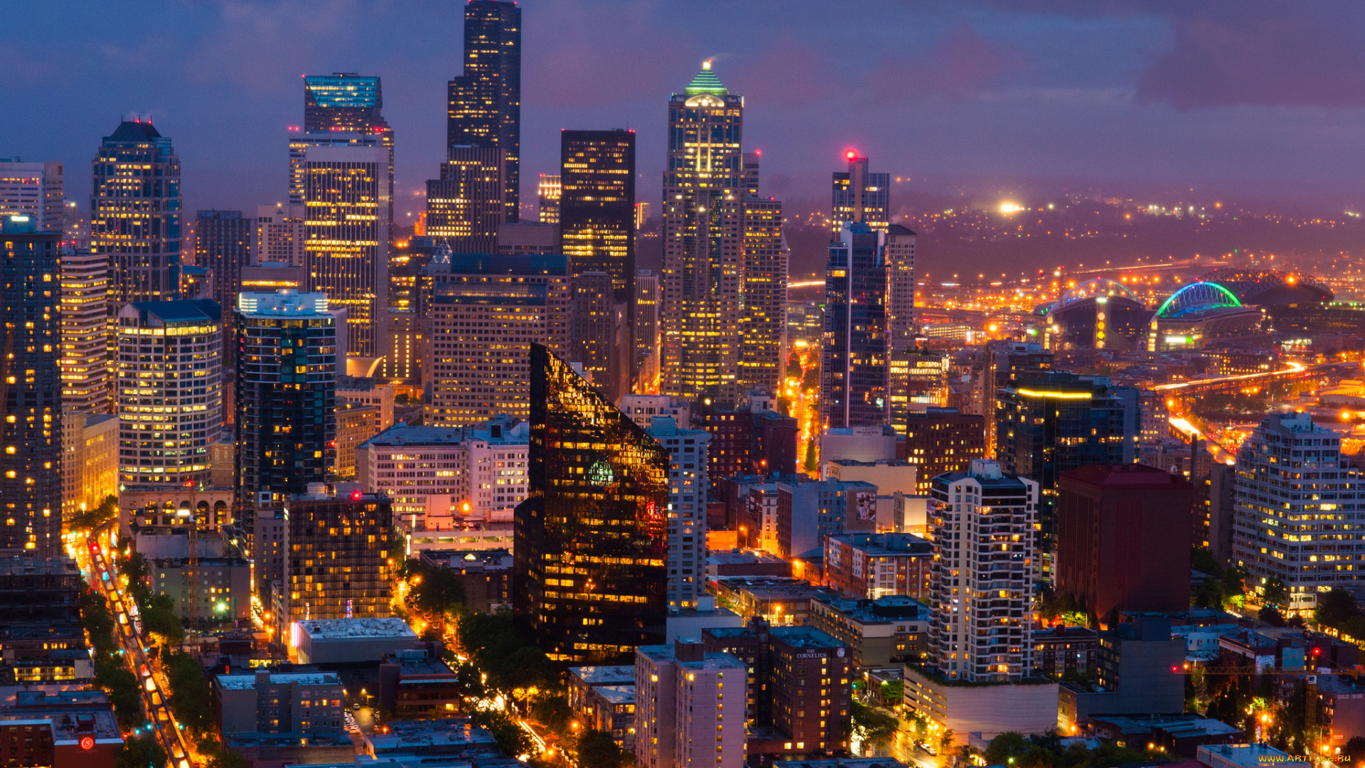 seattle, города, сиэтл, , сша, сиэтл, небоскрёбы, здания, панорама, ночной, город