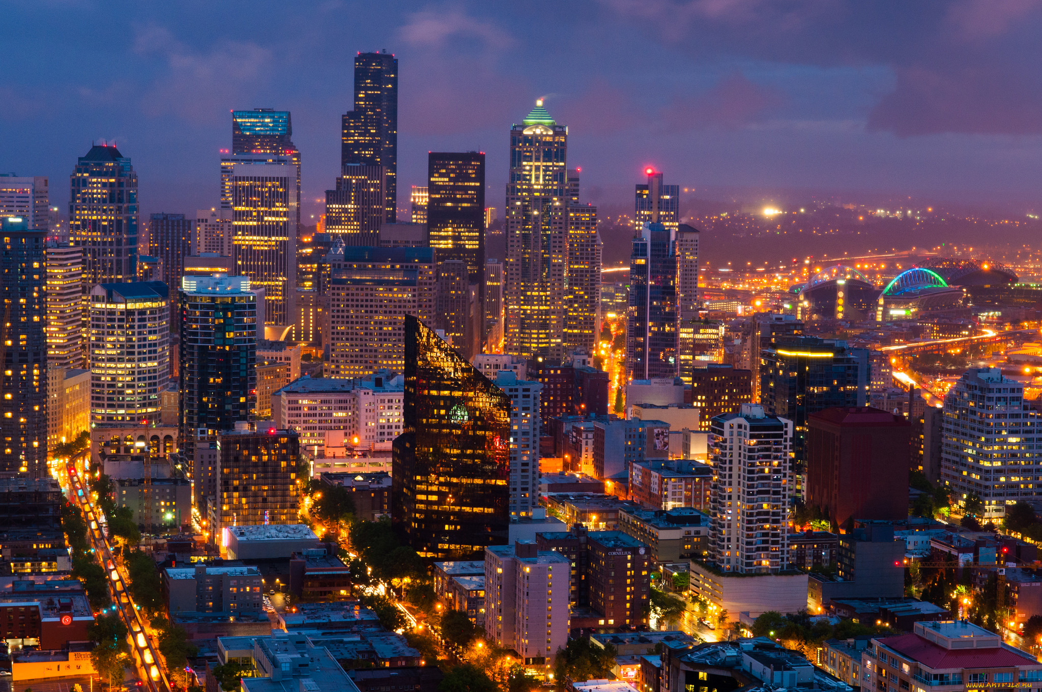 seattle, города, сиэтл, , сша, сиэтл, небоскрёбы, здания, панорама, ночной, город