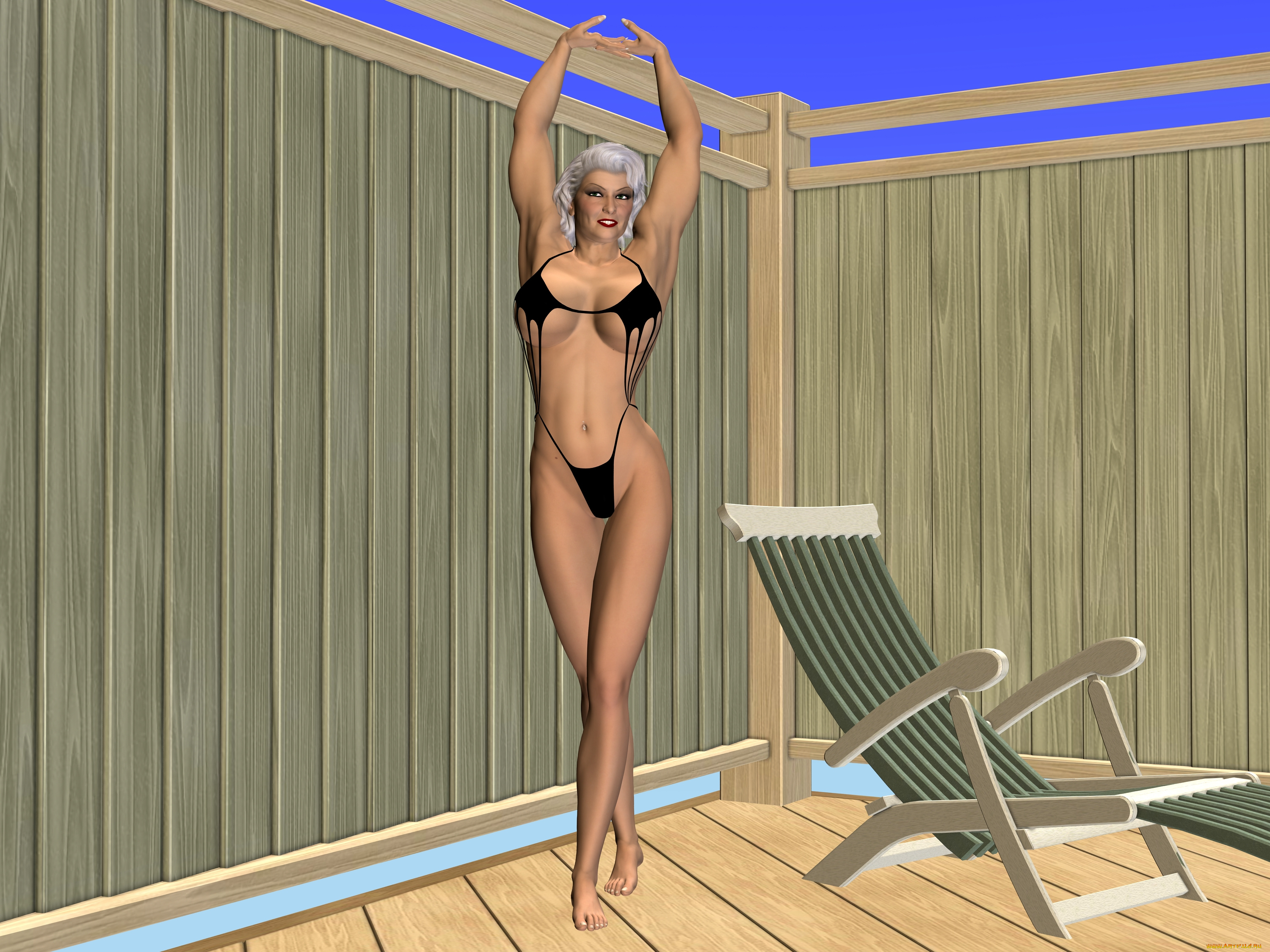 3д, графика, люди, , people, девушка, взгляд, блондинка, шезлонг, бикини