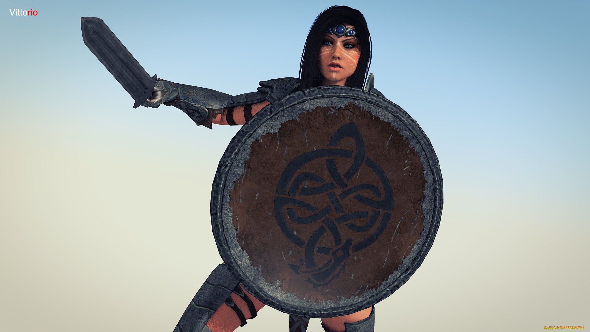 3д, графика, амазонки, , amazon, девушка, взгляд, фон, меч, щит