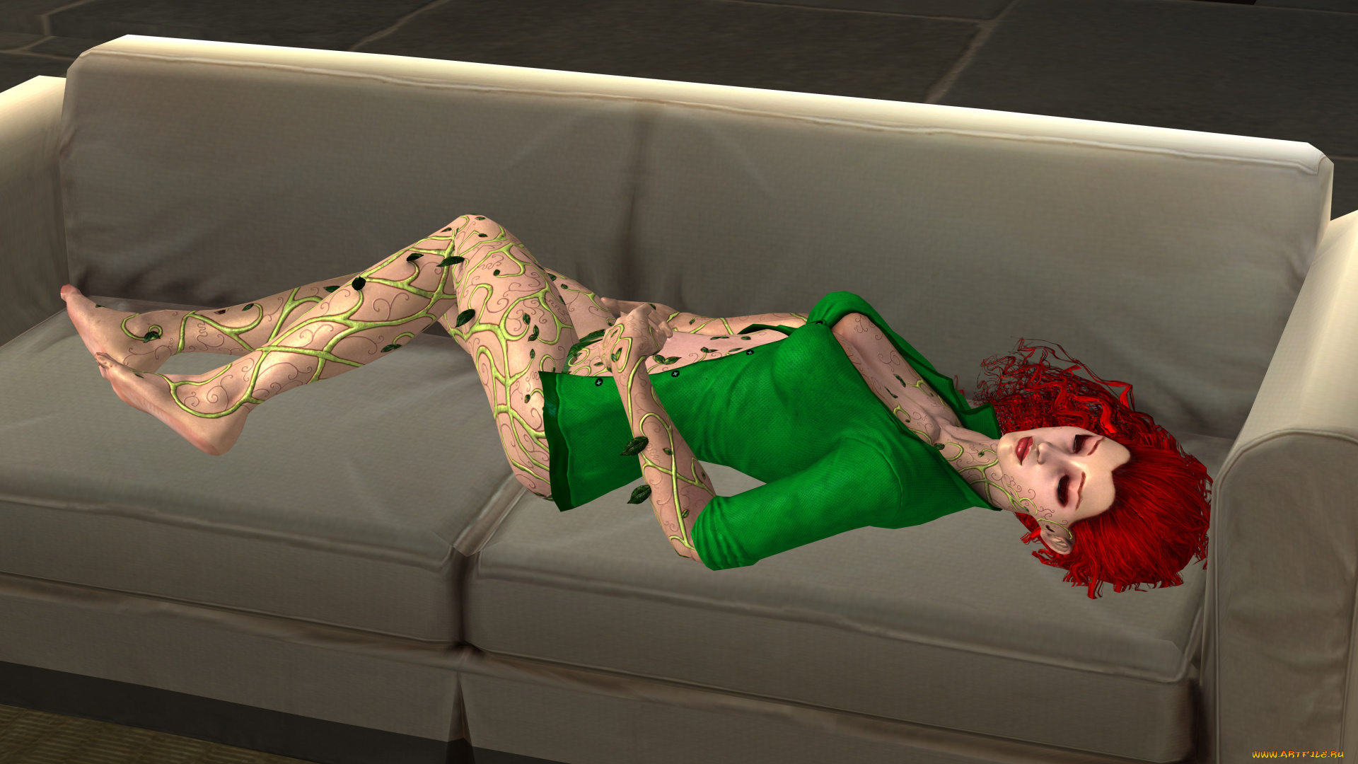 3д, графика, фантазия, , fantasy, девушка, взгляд, фон, рыжая, диван
