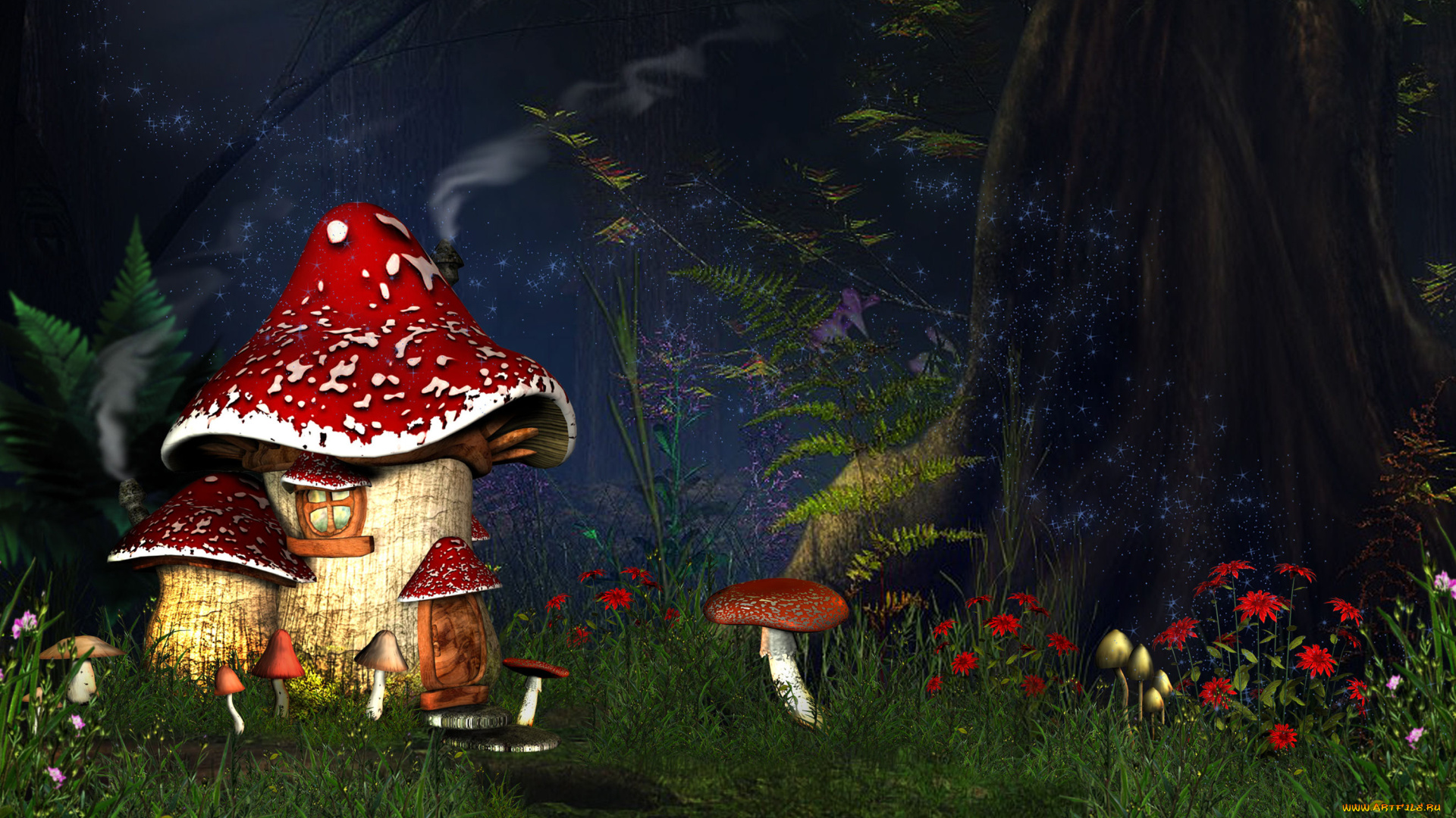 3д, графика, фантазия, , fantasy, грибы, мухоморы, лес, трава, пыльца, цветы, домик