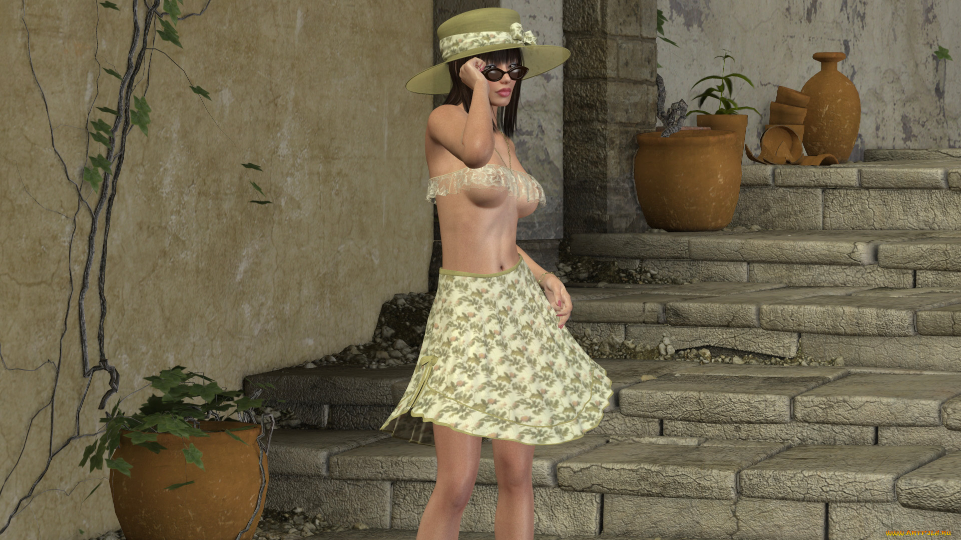 3д, графика, люди, , people, девушка, взгляд, фон, очки, шляпа