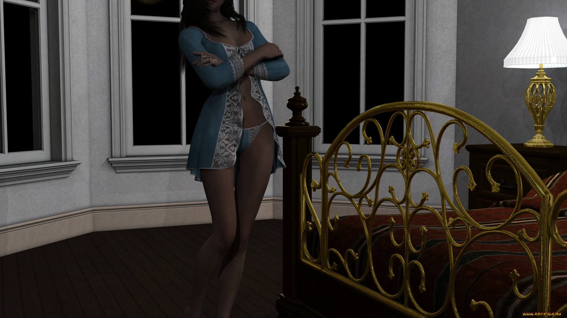 3д, графика, люди, , people, фон, кровать, окна, взгляд, интерьер, светильник, девушка